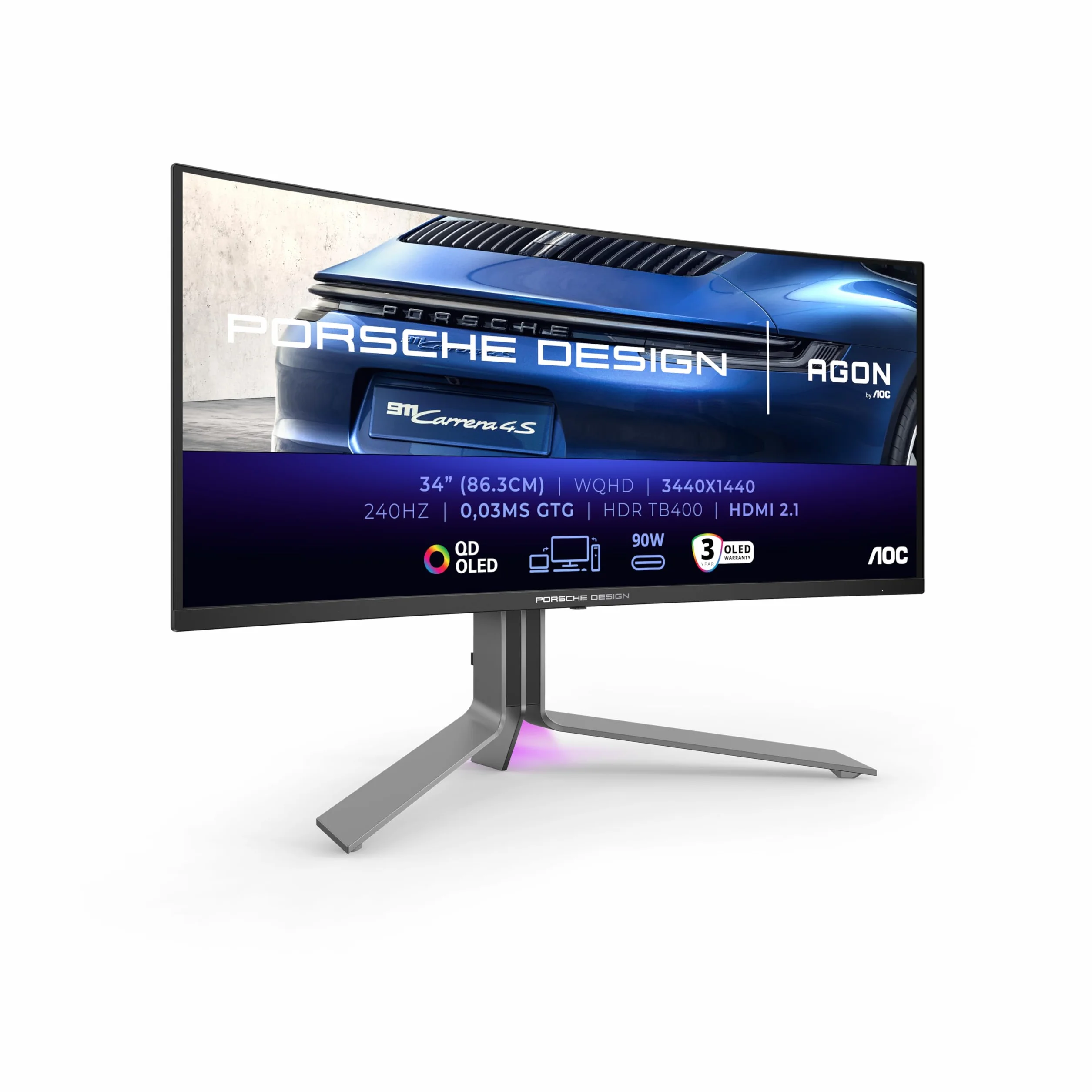 AOC Agon Pro PD34-34-calowy monitor do gier OLED, 240 Hz, 0,03 ms, FreeSync Premium Pro, Comp, G-Sync, HDR400 (3440 x 1440, 2 x HDMI 2.1, DisplayPort, USB-C (90 W PD), Hub USB) Czarny