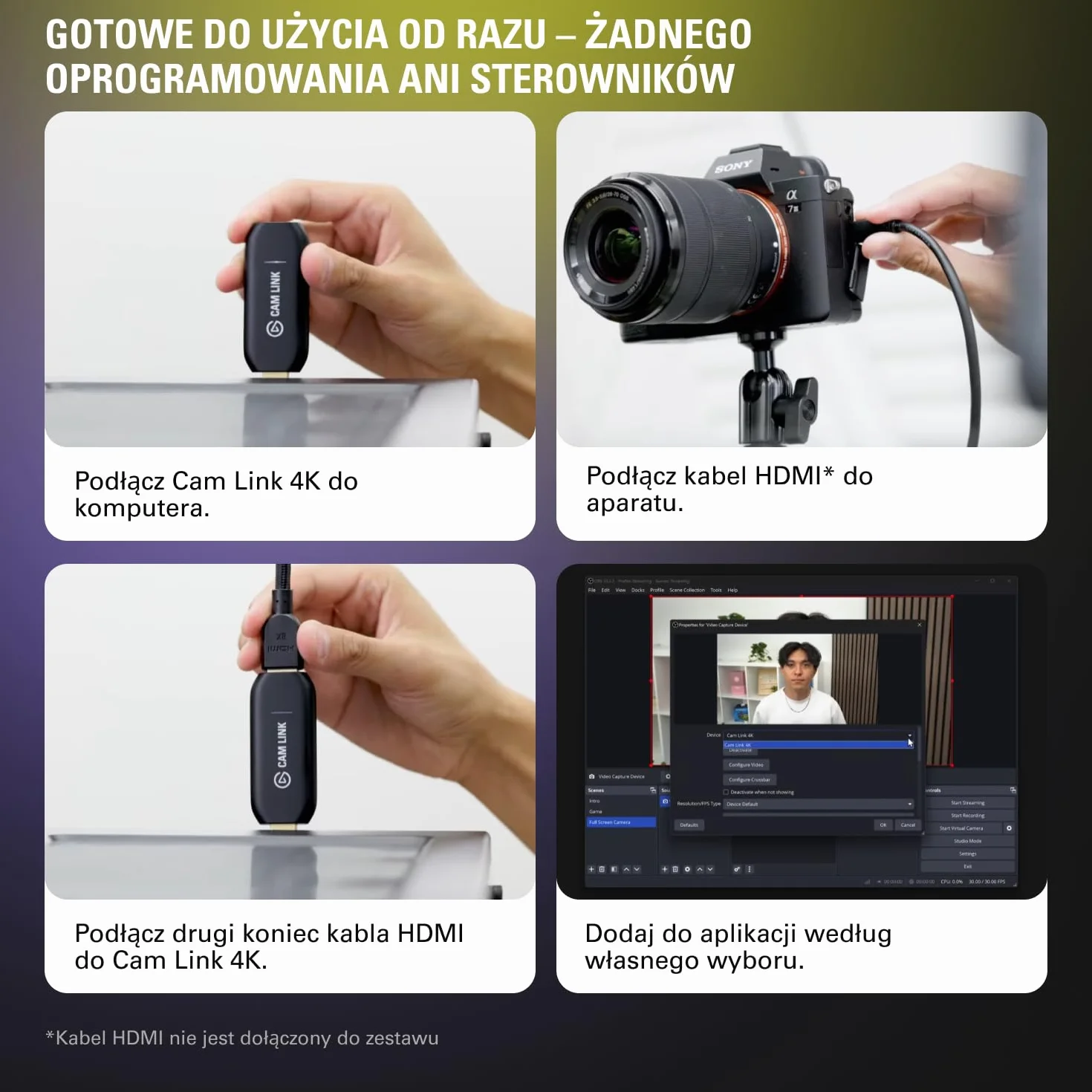 Elgato Cam Link 4K, zewnętrzna karta do przechwytywania z kamery, transmisja i nagrywanie z DSLR, kamera internetowa 1080p60, 4K30/4K60, wideokonferencje, granie, OBS, Zoom, Teams, PC/Mac