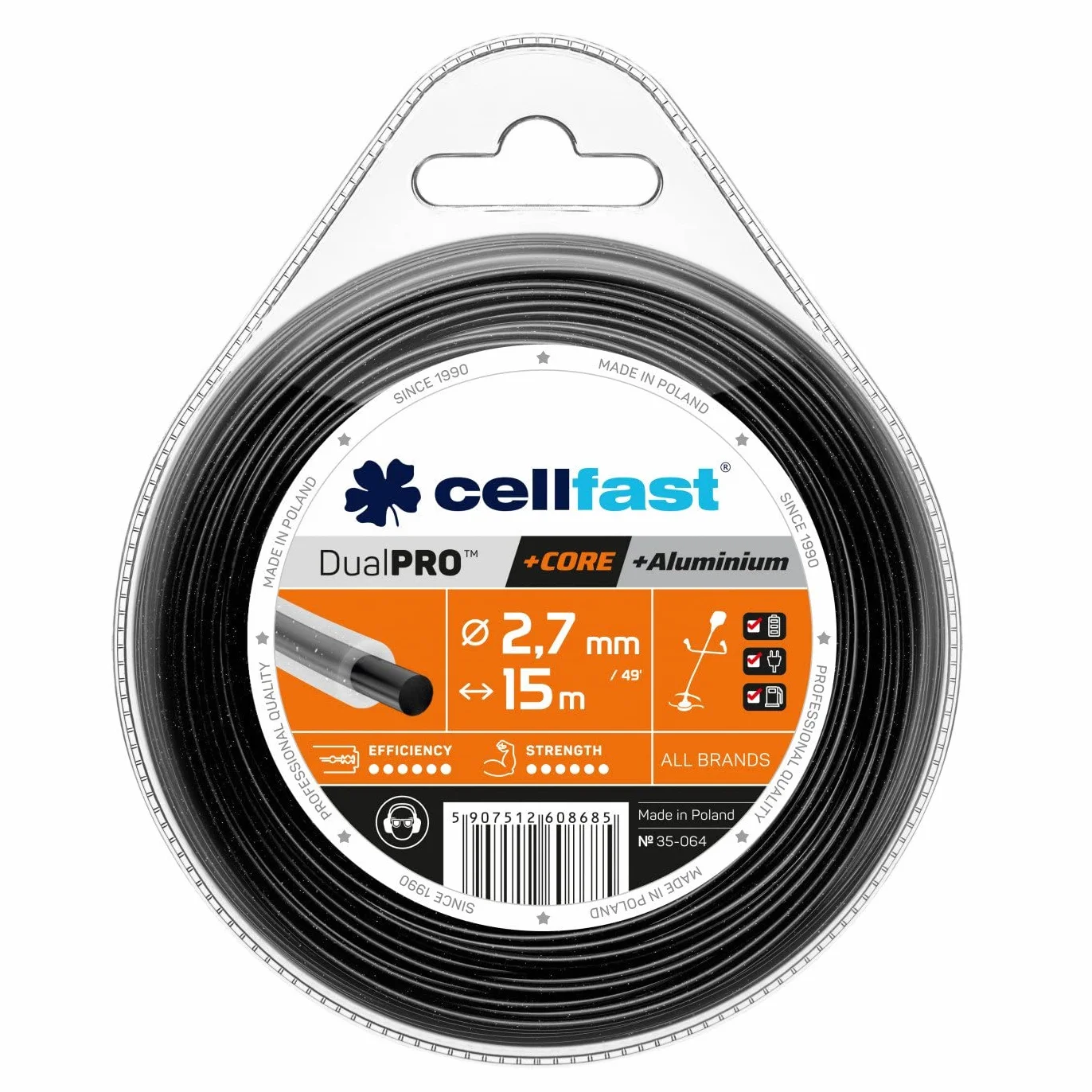 Cellfast Żyłka tnąca Dual PRO – okrągła, Z rdzeniem, Mocna i wytrzymała, Wzmocniona cząsteczkami aluminium, Odporność na łamanie, ścieranie i topnienie, 2,7 mm x 15 m