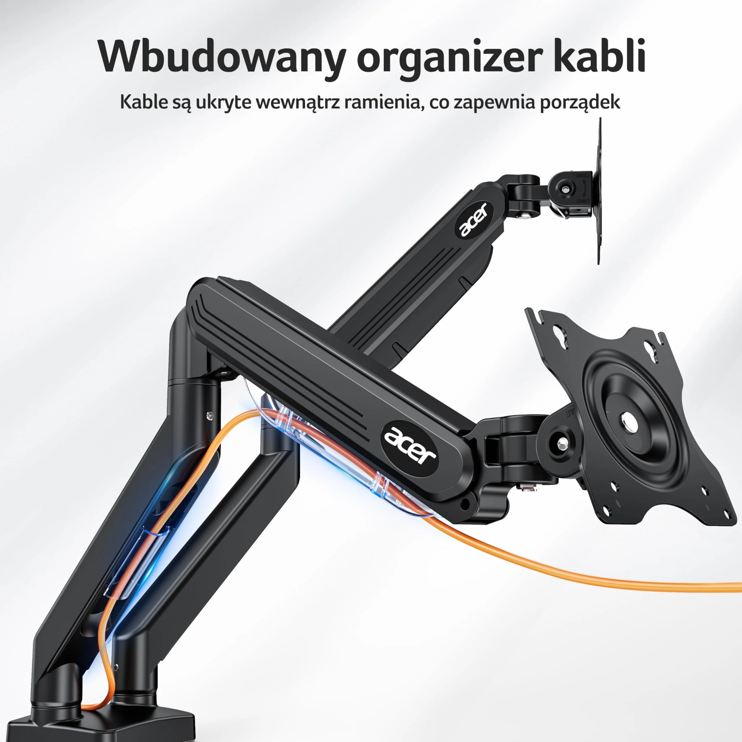 Acer Uchwyt na dwa monitory do ekranów 17-32 cali, obsługuje dwa ekrany | Sprężyna gazowa, do zakrzywionych płaskich ekranów, VESA 75/100 mm, Podstawa z zaciskiem C/przelotką, Nośność 9kg