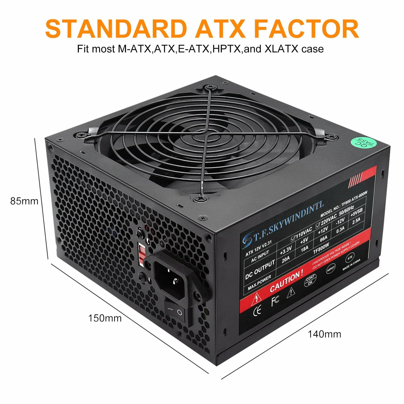 Zasilacz sieciowy 800 W 80 Plus Gold PSU Standard ATX, zintegrowany niemodułowy zasilacz komputerowy, 120 mm, ultra-cichy wentylator FDB z przełącznikiem, 115/230 V