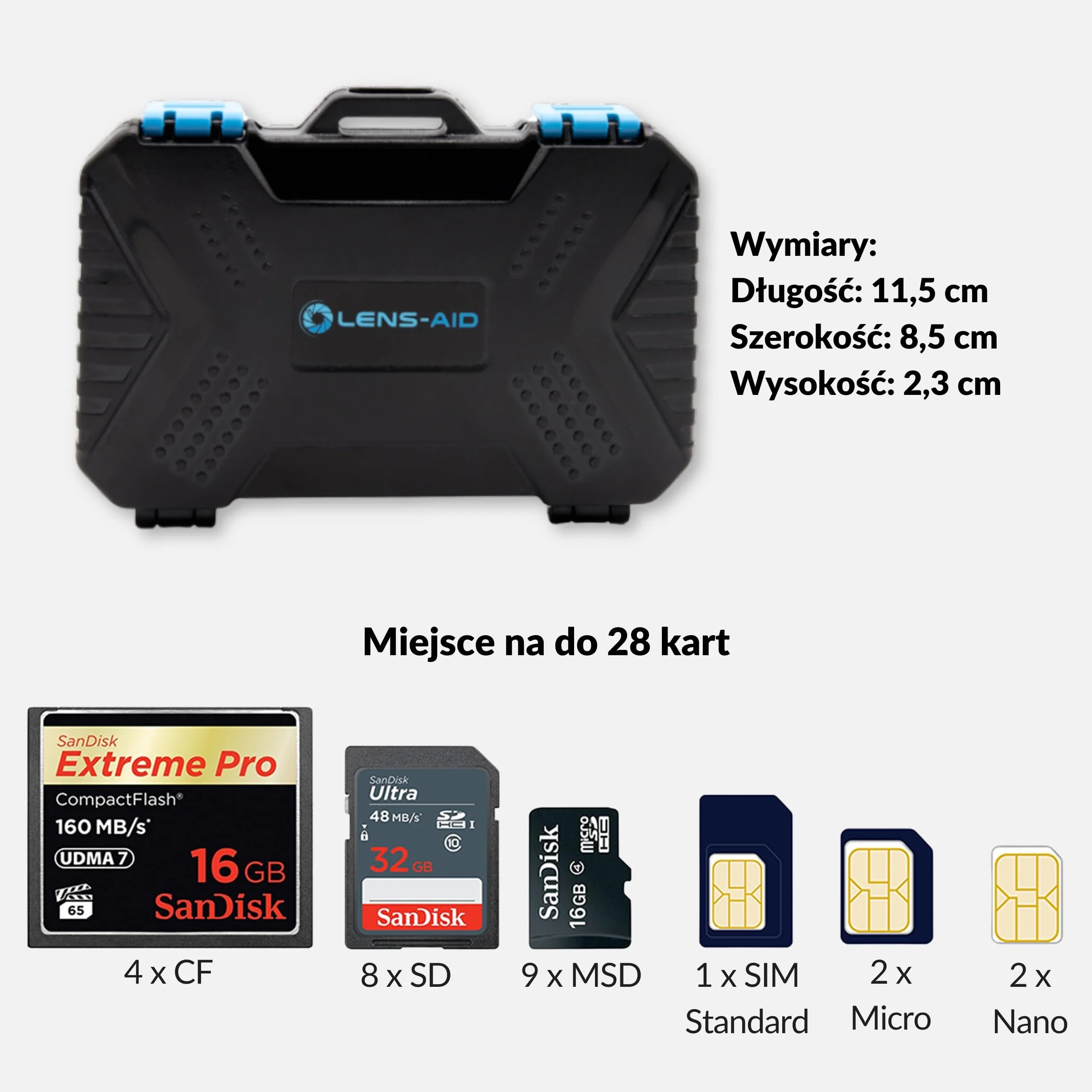 Lens-Aid Etui ochronne na karty pamięci SD, CF, Micro SD, TF, karty SIM, pudełko do przechowywania do 28 kart, odporne na zachlapanie i uderzenia