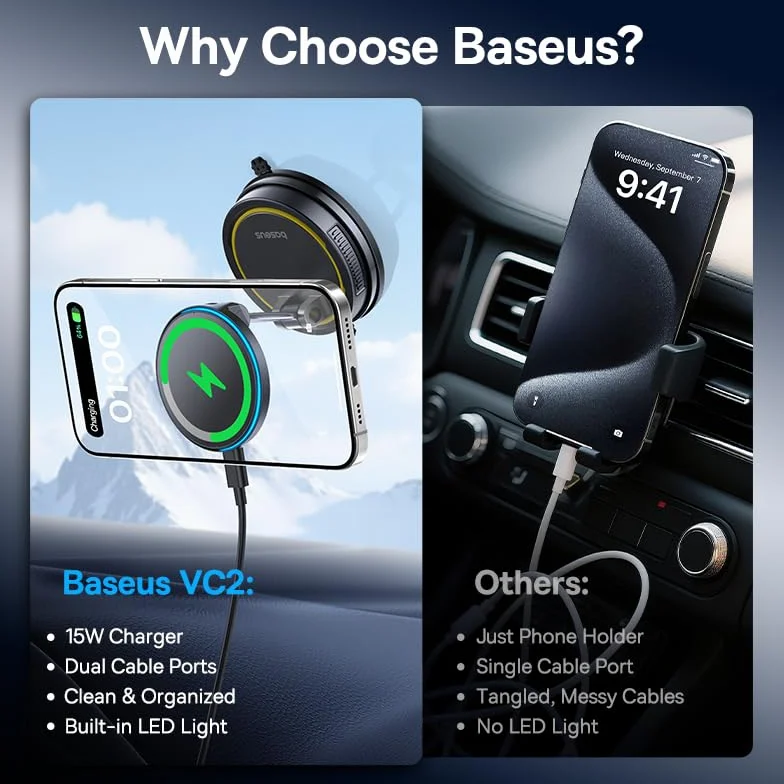 Baseus VC2 Flex Pro 15W uchwyt samochodowy do telefonów komórkowych dla Magsafe z funkcją ładowania, bezprzewodowa ładowarka samochodowa do iPhone'a 17,16,15,14,13,12 Pro Max
