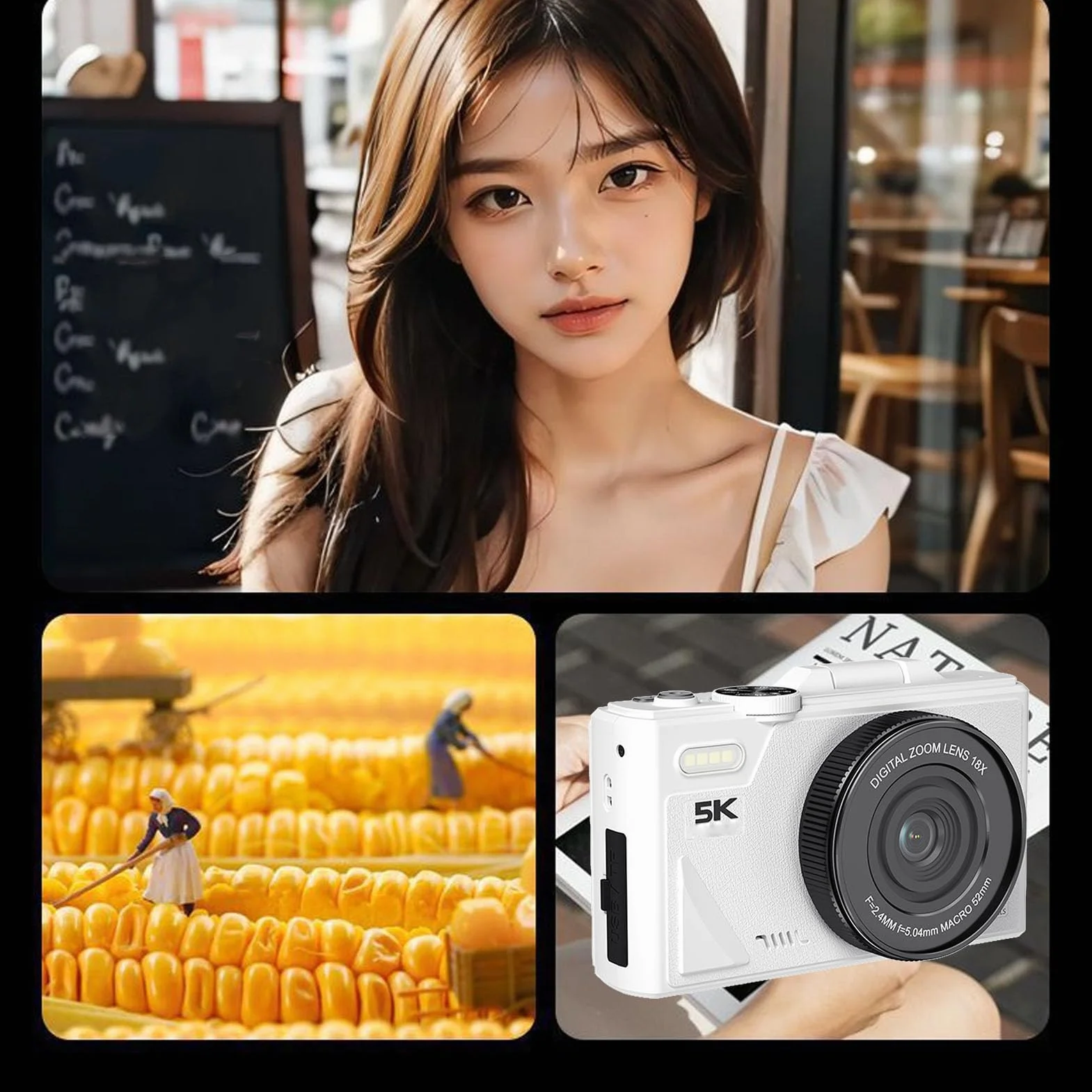 Fabater Cyfrowy Aparat Fotograficzny do Fotografii, 5K 75MP Autofocus Vlogging Camera, 3-calowy 180° Odchylany Ekran, 18-krotny Zoom Cyfrowy, Kompaktowe Aparaty Podróżne (WHITE)