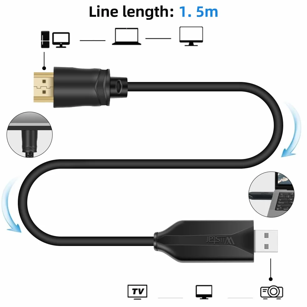 AXFEE adapter z USB na HDMI, kabel adaptera 3.0/2.0 1,5 m, kabel z wtyczki USB na HDMI, 1080P, dla PC, laptopa, telewizora HDTV, kompatybilny z Windows 7/8/8.1/10/11/XP/MacOS