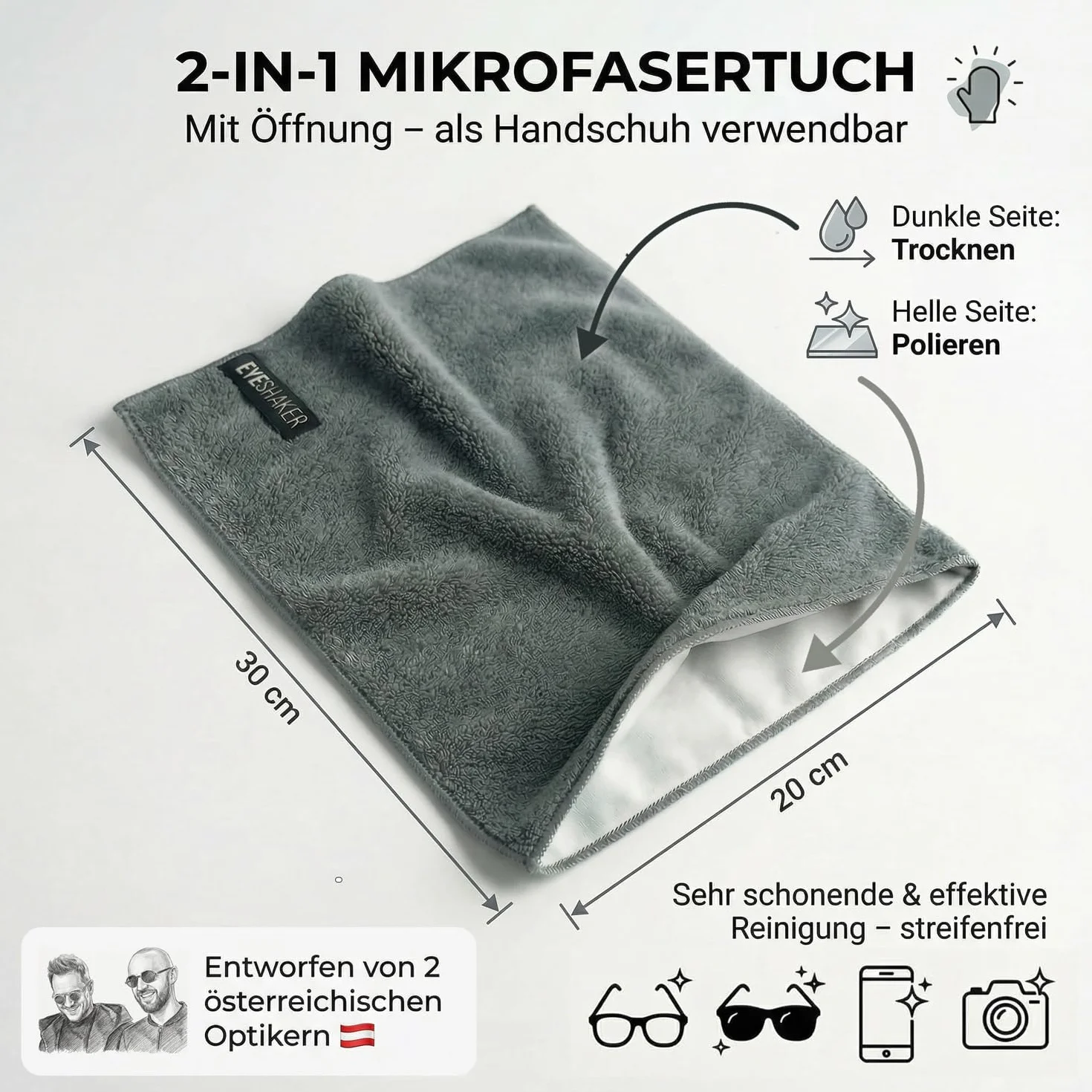 Wysokiej jakości ściereczka do okularów (30 x 20 cm) - ściereczka z mikrofibry do czyszczenia okularów, wyświetlacza telefonu i laptopa oraz obiektywu aparatu fotograficznego od EYESHAKER®