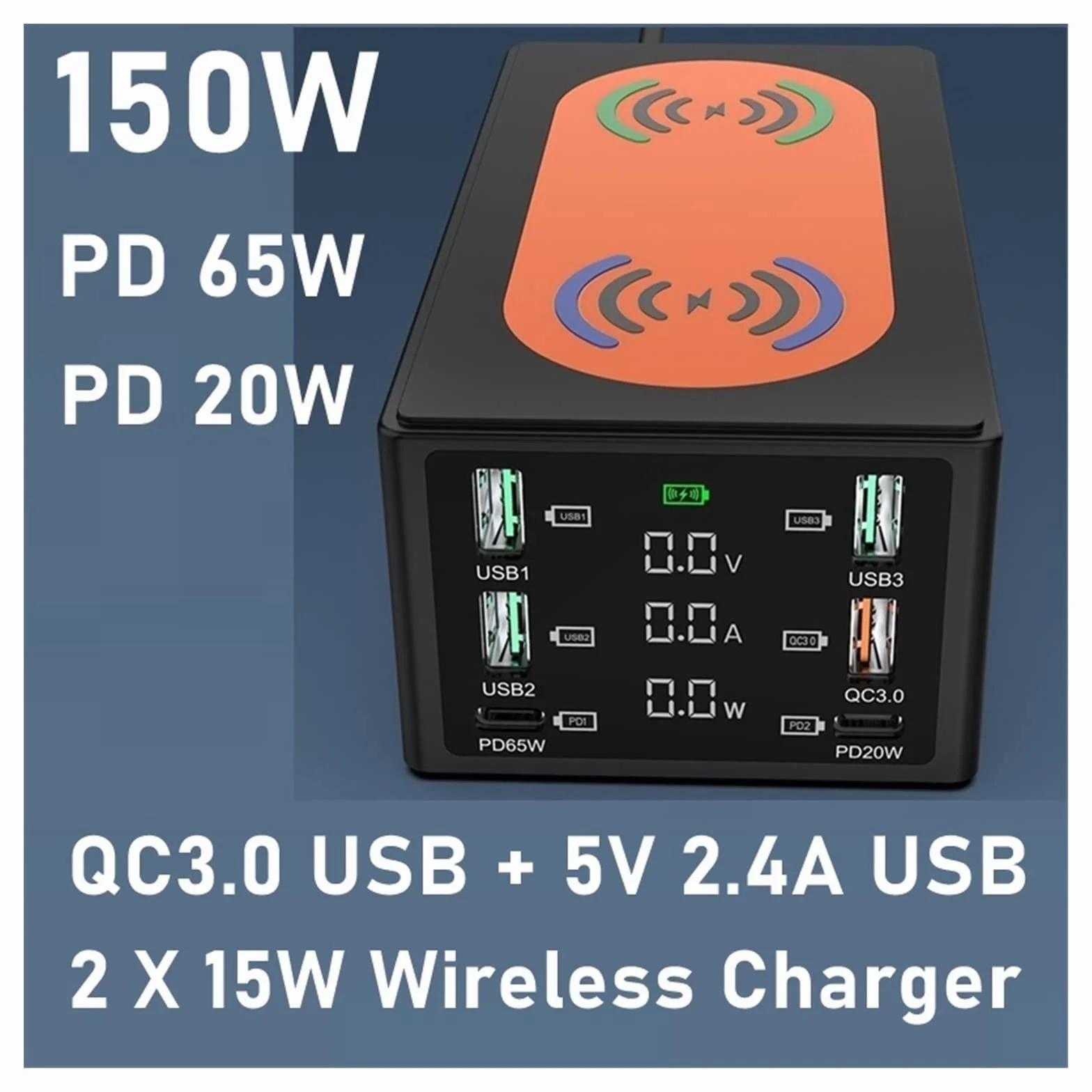 150W Multi USB Bezprzewodowa ładowarka 4 Port USB Stacja ładująca Organizator QC 3.0 Szybka stacja dokująca do telefonu komórkowego, tabletu i innych Bezpieczna ładowarka(Nero)