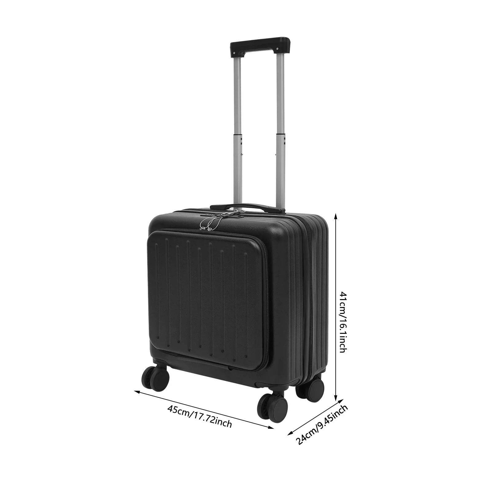 Walizka kabinowa 18″ z 3-cyfrowym zamkiem kodowym, przegródki na laptopa, port USB, uchwyt na napoje, ciche kółka obrotowe, wózek podróżny i biznesowy, czarny
