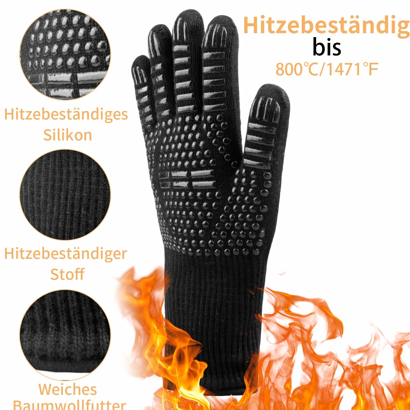 Karrong Rękawice do grilla żaroodporne do 800°C ochronne kuchenne ognioodporne czarne L/XL