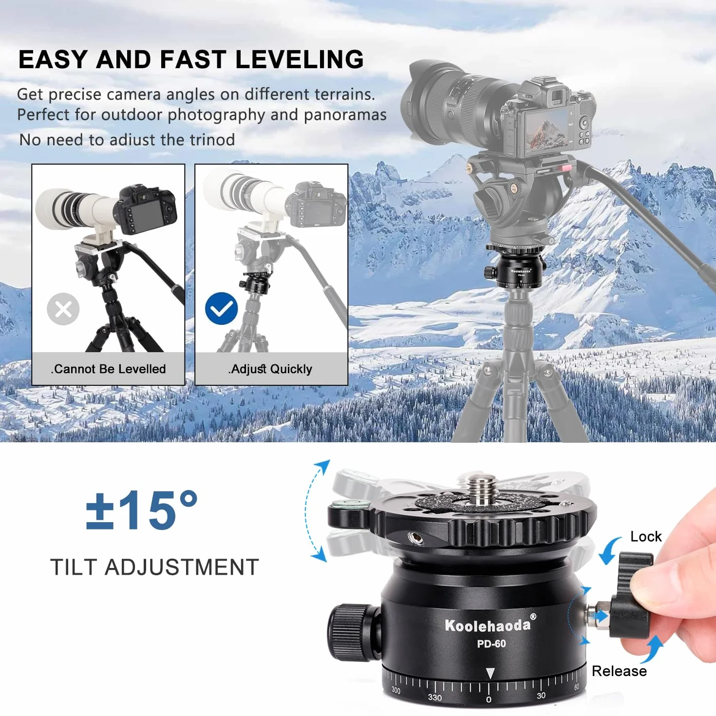 Koolehaoda Głowica poziomująca do aparatu, aluminiowa podstawa panoramiczna 360° frezowana CNC z gwintem 3/8" i przesuniętym poziomicą do głowicy wideo, statywów i monopodów (PD-60)