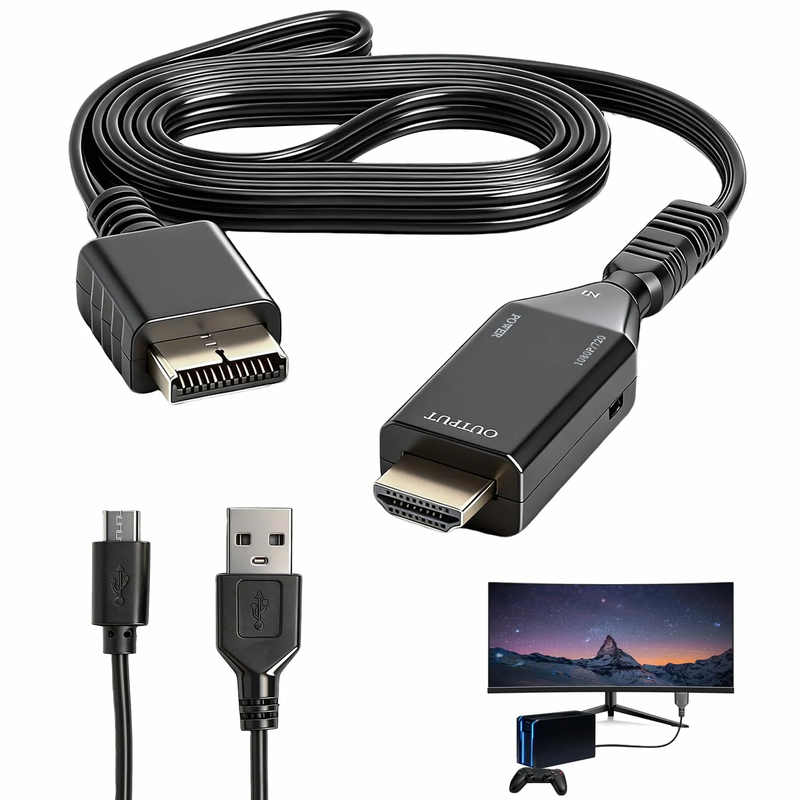 HENGBIRD Adapter PS1/PS2 na HDMI 1080P z kablem AV 1 m, 720P 1080P HD Link kabel wideo konsola audio konwerter wideo, Plug and Play, zasilanie micro USB, do TV i konsoli do gier