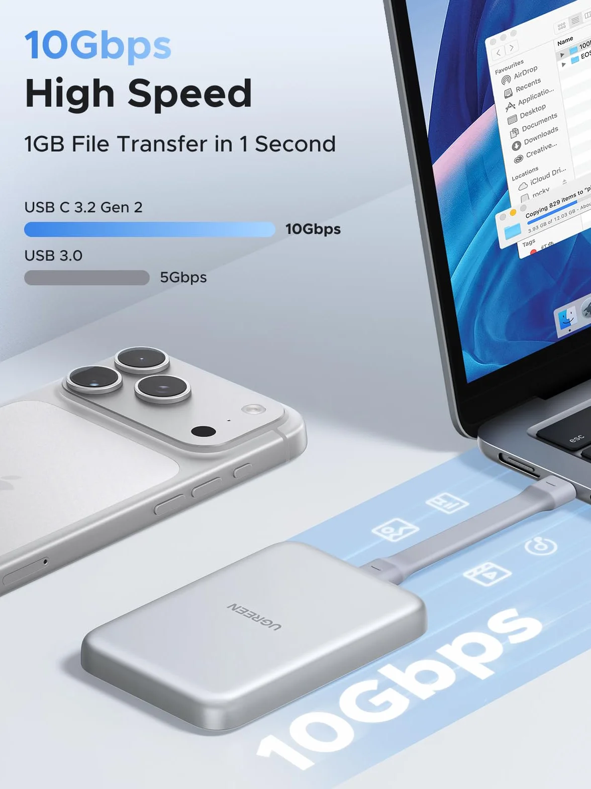 UGREEN Magnetyczna obudowa M.2 NVMe SSD z Magsafe dla iPhone 16 i 15 Pro Max ProRes, adapter USB C 3.2 Gen 2x1 10 Gbit/s NVMe dla M.2 2230/2242/2260/2280 NVMe SSD