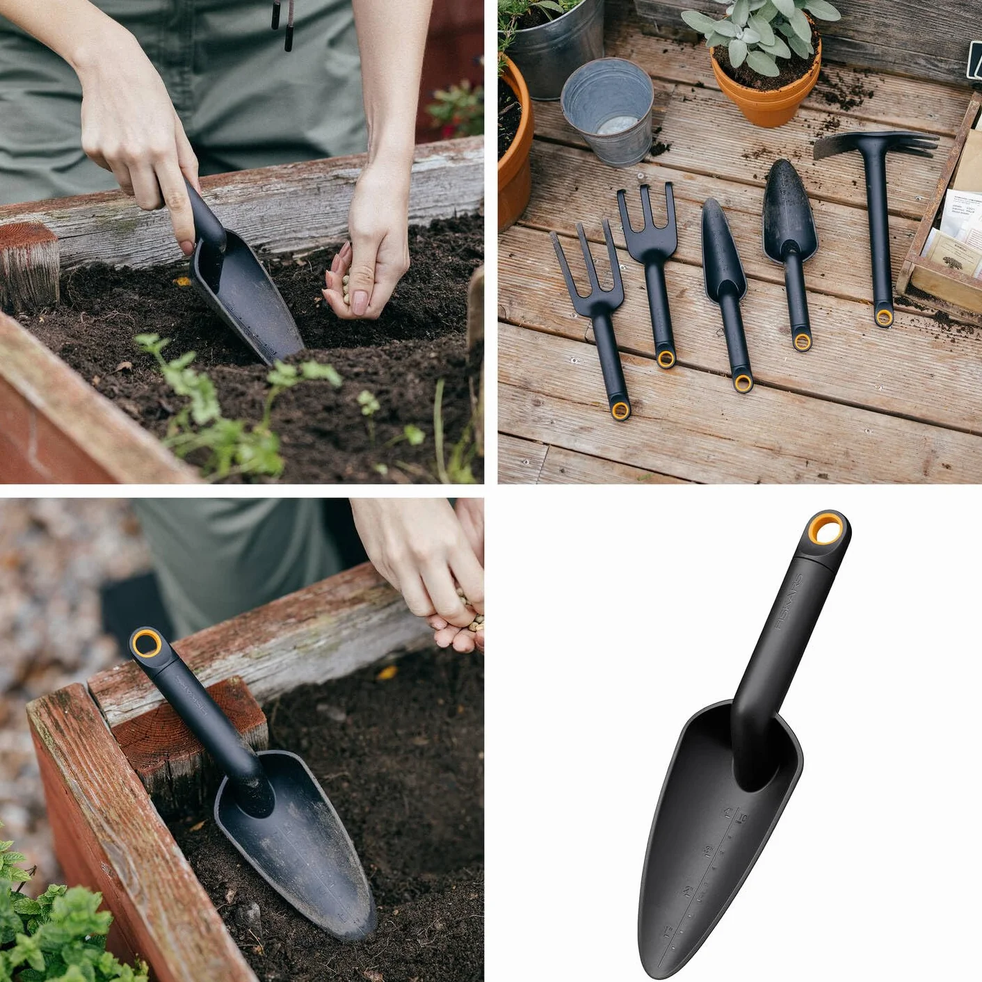 Fiskars Zestaw narzędzi ogrodowych, 4-częściowy, wycinak do chwastów Xact, długość: 1 m, motyka kombi Solid, długość: 28 cm, łopatka do kwiatów Solid, długość: 28 cm, sekator obejściowy Solid P121, 1