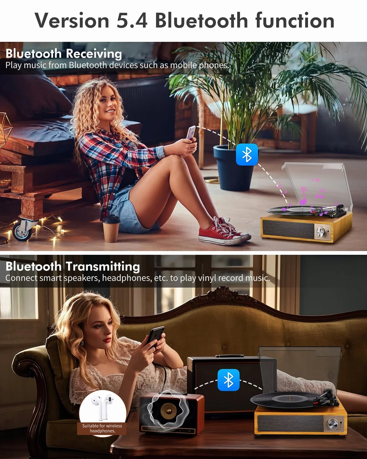 VIFLYKOO Gramofon, Bluetooth 5.4 z 2 Głośnikami Stereo, Bezprzewodowy 3-Biegowy 33/45/78 obr./min, Odtwarzacz Winylowy Obsługuje Wejście Słuchawkowe/Wejście AUX/Wyjście RCA/USB