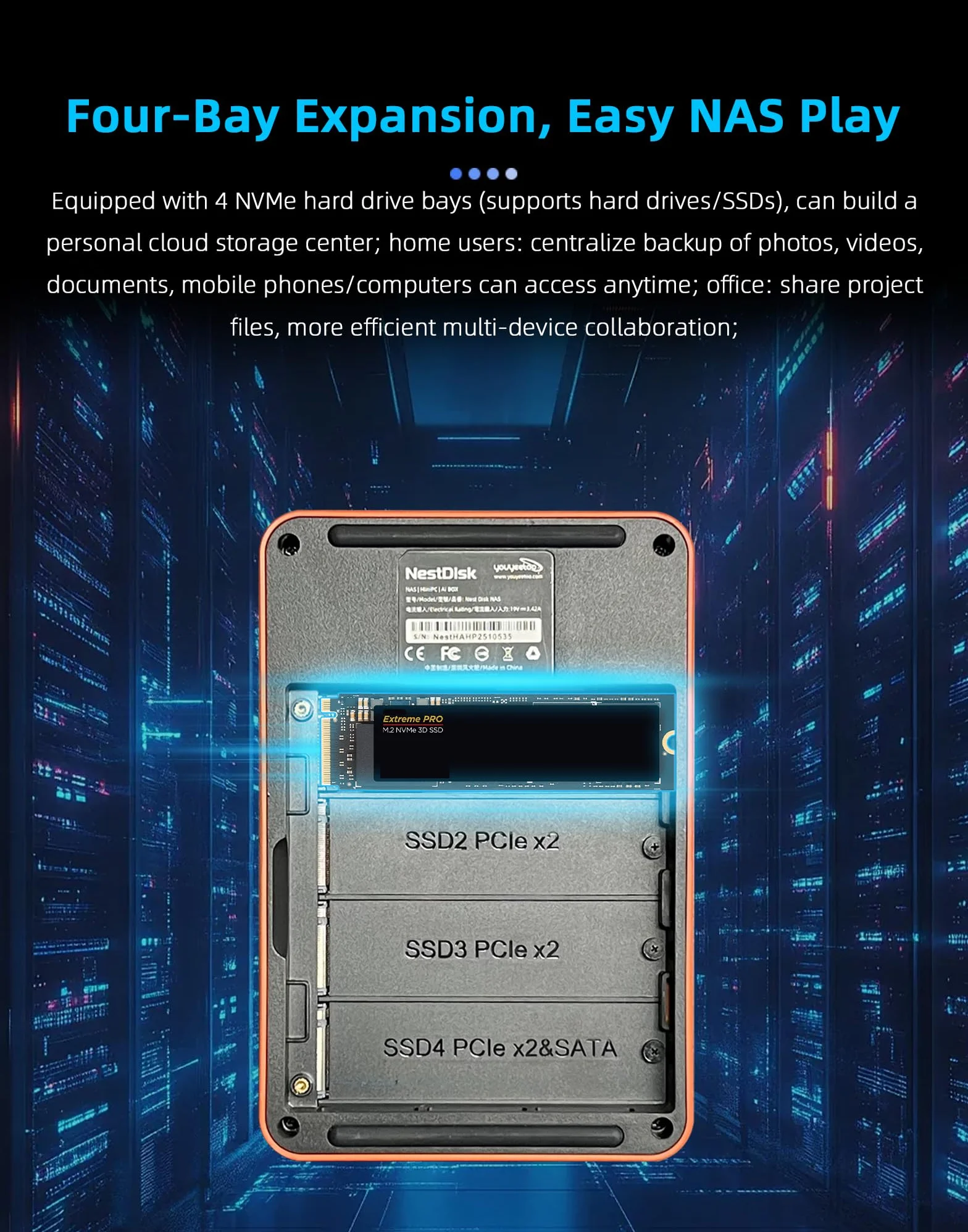 Youyeetoo NAS Mini iPC z czterordzeniowym procesorem Intel N150, 4 wnęki NVME (16 TB Max), podwójny 2,5G Ethernet + WiFi 6, 12 GB DDR5, 3-drożny 4K, OMV wstępnie zainstalowany do domu/biura