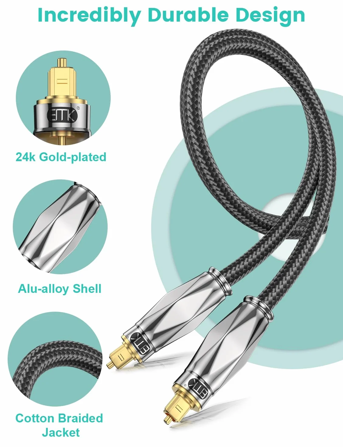 EMK Optyczny kabel audio, kabel Toslink Spdif, kabel światłowodowy, cyfrowy kabel audio out, do zestawu stereo, soundbaru, kina domowego, PS4 (6 metrów)