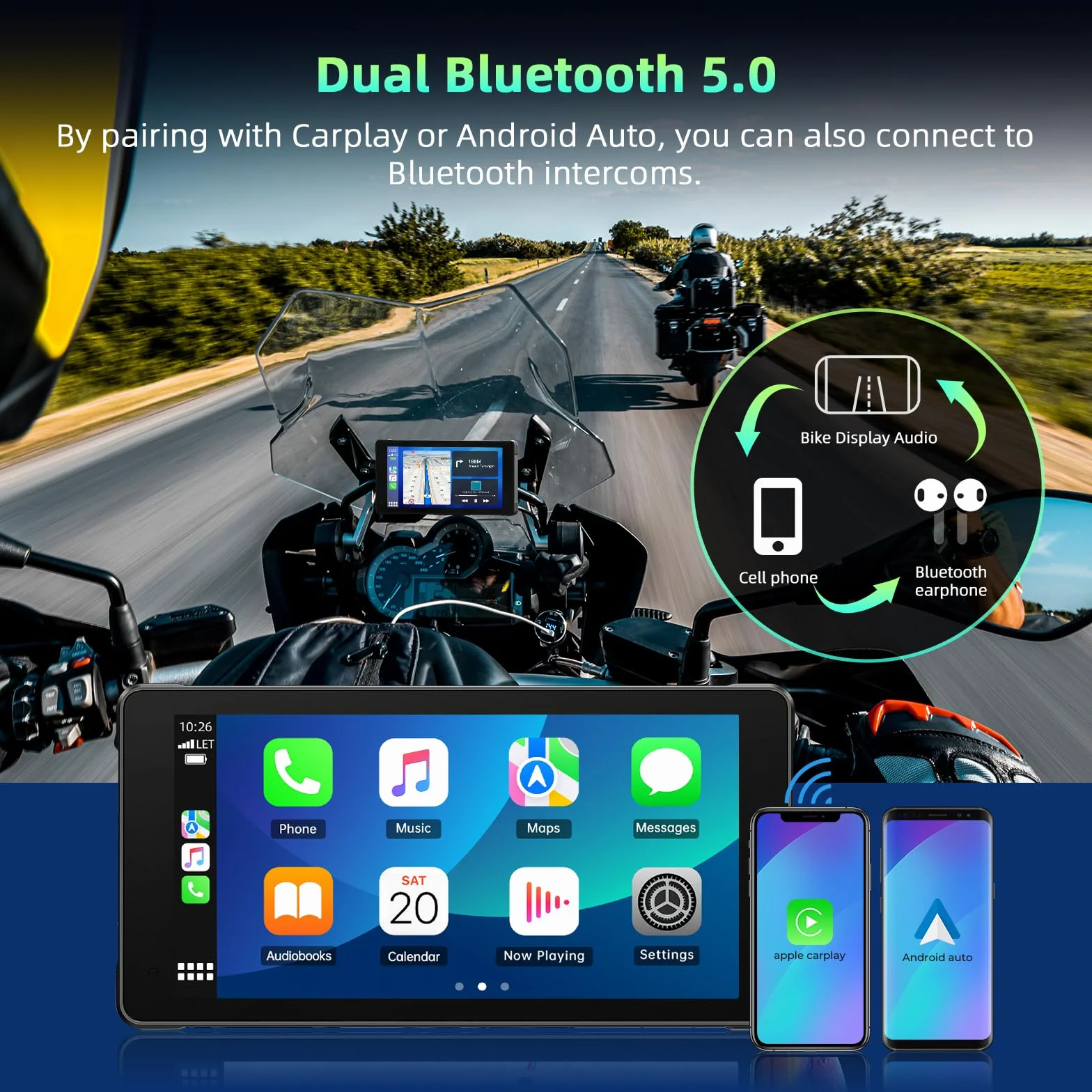 Volam Carplay Motorcycle Android Auto, przenośny wyświetlacz Carplay z kamerą przednią i tylną 2K+1080P dla motocykli, wodoodporny ekran dotykowy 5,5 cala, nawigacja, asystent Siri/G-oogle, aplikacja