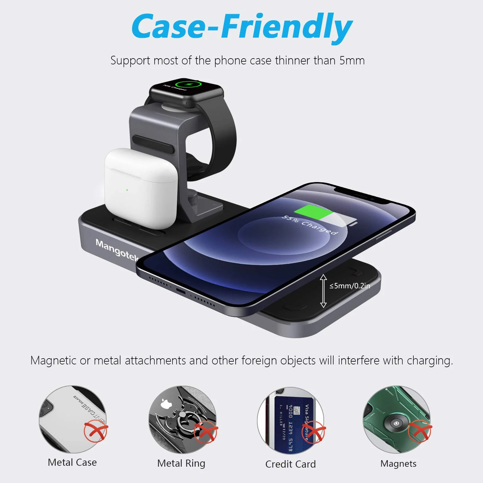 Mangotek Zamiennik do bezprzewodowej stacji ładującej iPhone Apple Watch i AirPods, bezprzewodowa ładowarka 3 w 1, podstawka do szybkiego ładowania Qi, stacja dokująca do iPhone 13/12 Pro Max/11/SE/XS