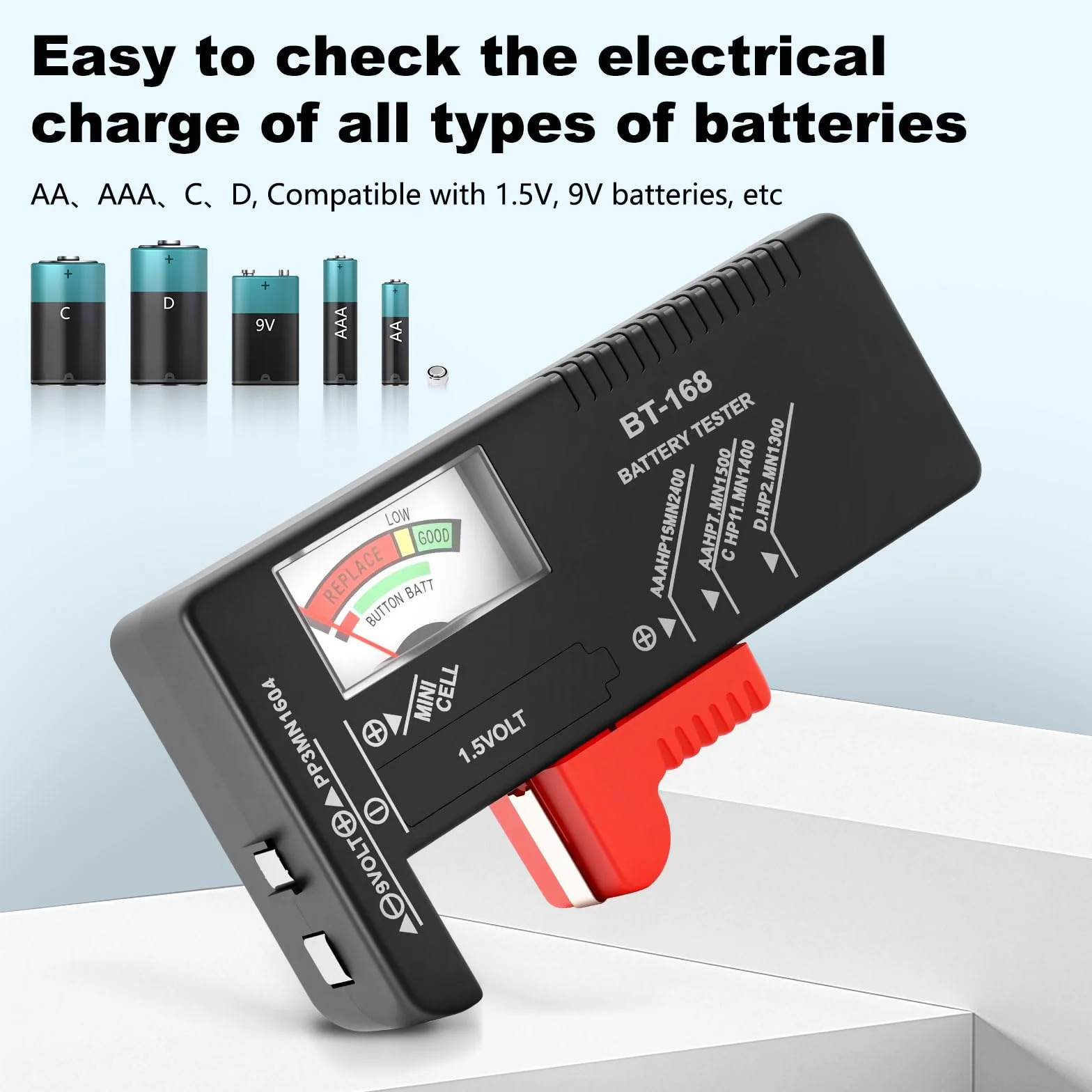 Tester baterii do wszystkich akumulatorów AA, AAA, D, C, 9 V, 1,5 V ogniwa guzikowe