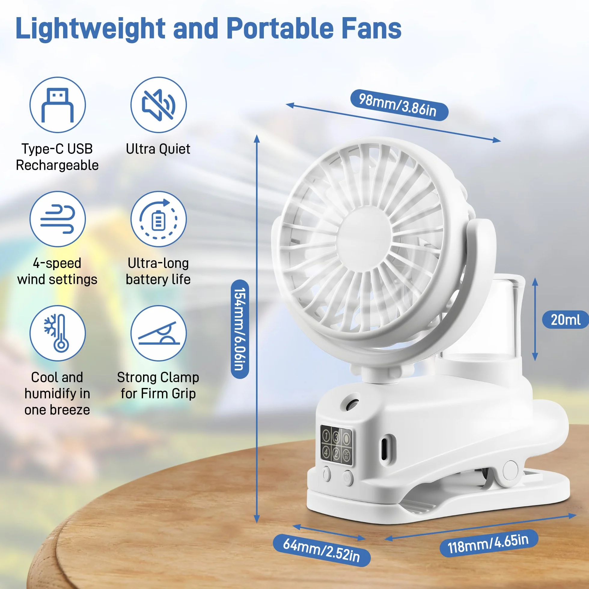 Wentylator stołowy, cichy, 4 prędkości, mały wentylator do wózka dziecięcego, obracany o 360° wentylator USB-C z klipsem, mini wentylator z chłodzeniem wodnym, przenośny wentylator stołowy, akumulator
