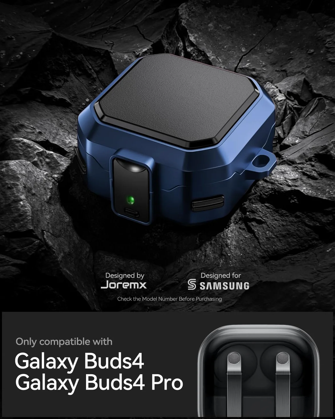 Kompatybilne z Samsung Galaxy Buds 4/4 Pro (2026) Etui, obudowa z zamkiem bezpieczeństwa w designie z włókna węglowego, zestaw do czyszczenia i zaczep karabińczyk dla Galaxy Buds 4 Pro-Niebieski