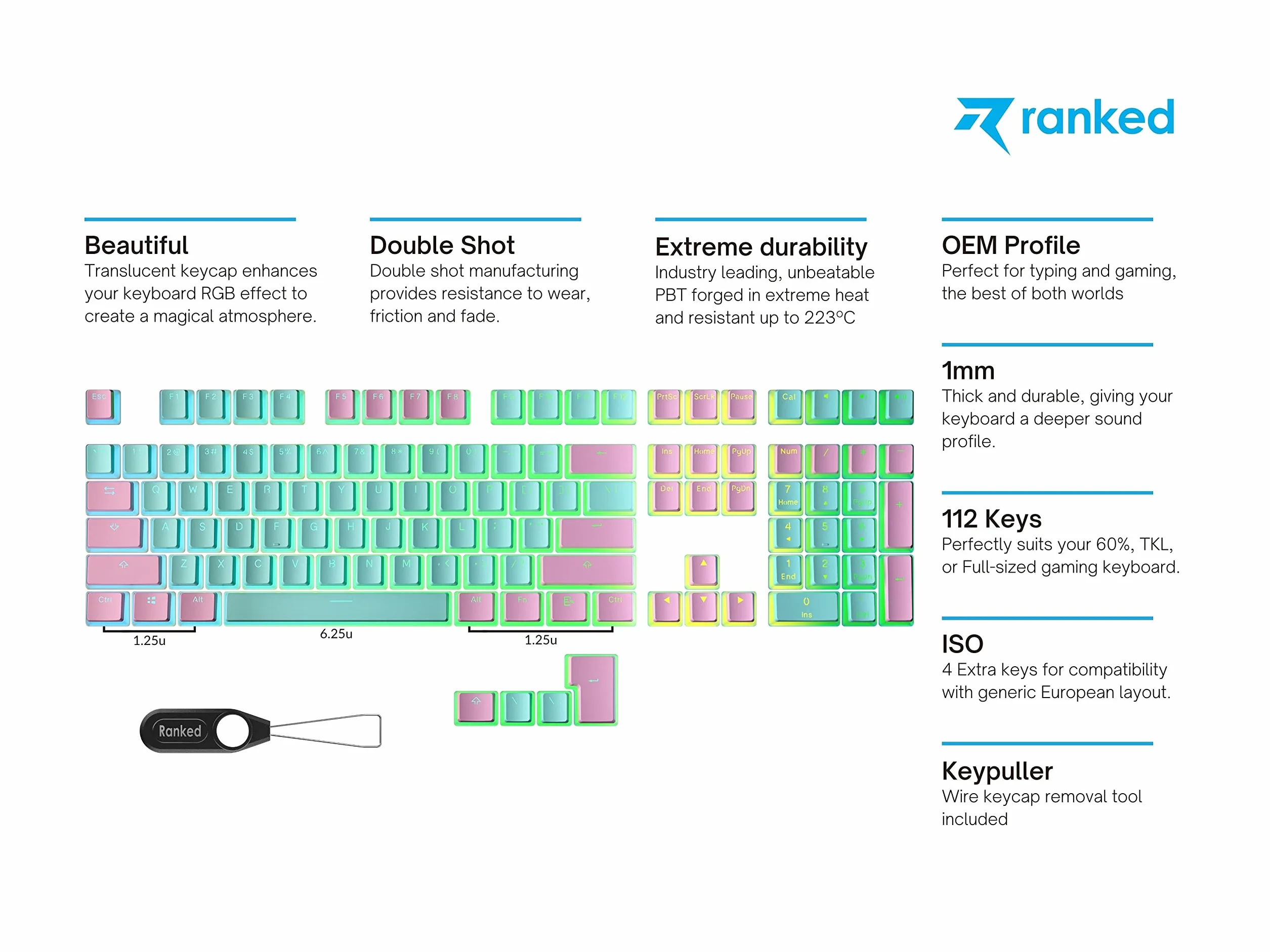 Ranked Klawisze Pudding PBT 112 Układ Półprzezroczystych Podwójnych Strzałów ANSI US ISO Profil OEM Mechaniczna Klawiatura do Gier RGB Miami
