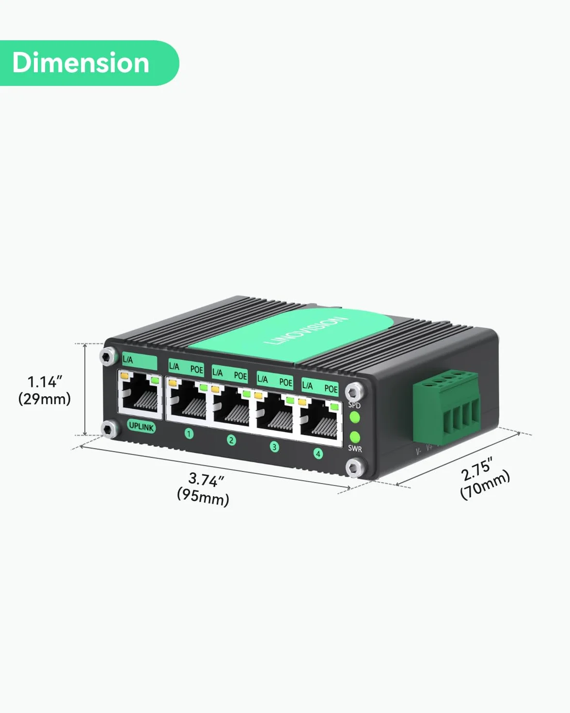 LINOVISION Gigabit Solarny Switch POE, 5 portów ze wzmacniaczem napięcia DC12V-48V do DC48V, przełącznik POE, 4 porty POE IEEE802.3af/at 30W @120W, IP40, Kompaktowy zasilacz POE