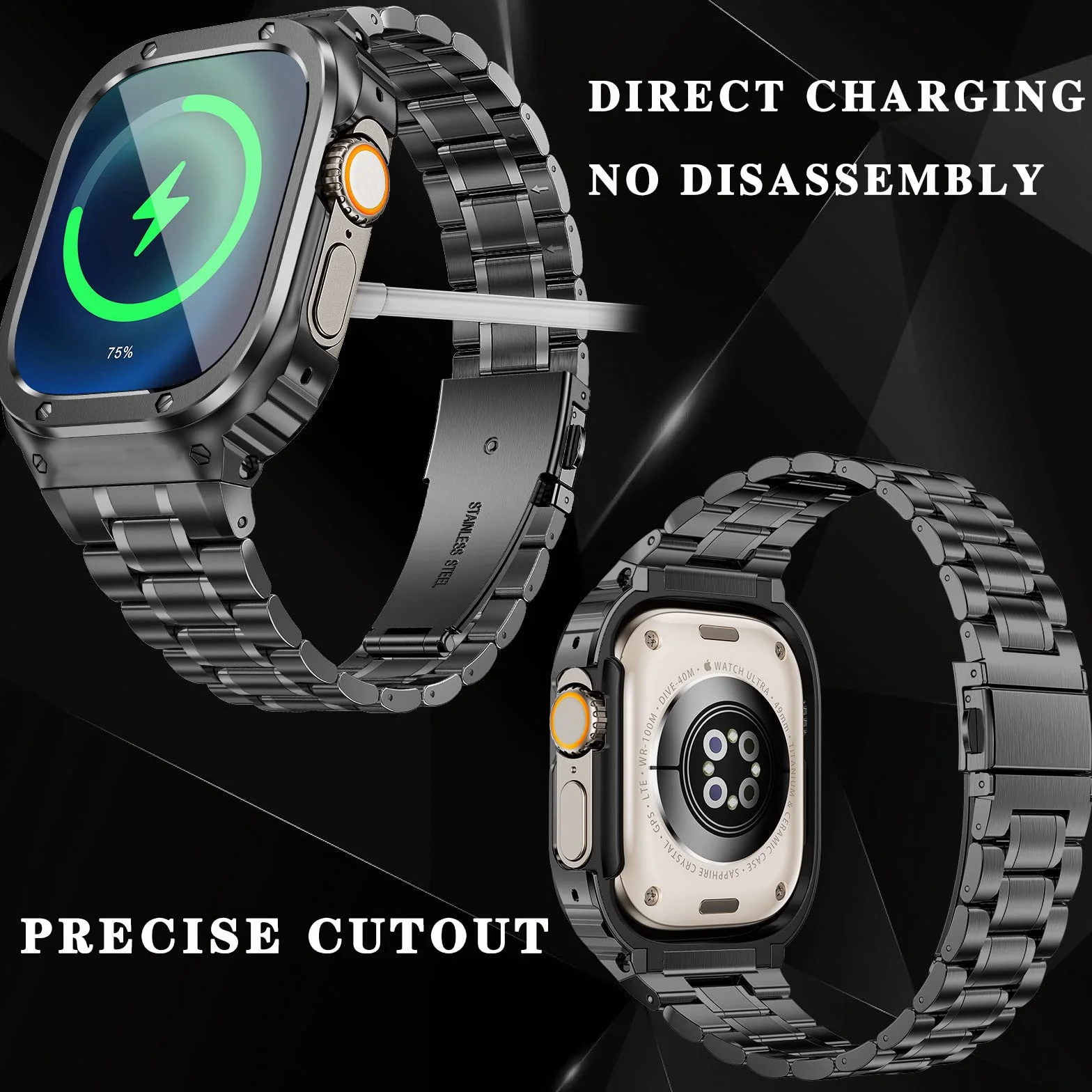 HASLFM Pasek do zegarka Apple Watch z etui, kompatybilny z iWatch Series Ultra (49 mm) 8/7 (45 mm/41 mm) 6/5/4/SE (44 mm/40 mm) 3/2/1 (42 mm/38 mm), paski do iWatch ze stali nierdzewnej i metalowy