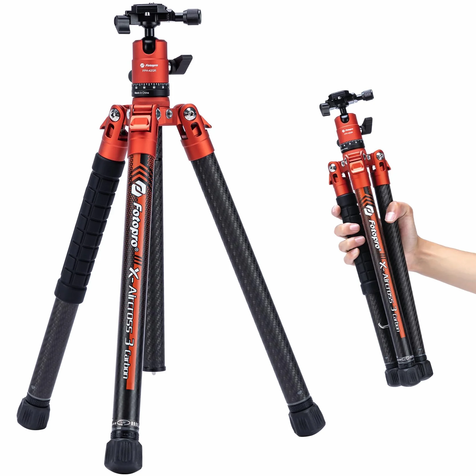 Fotopro 163 cm statyw do kamery z włókna węglowego z kulą monopodu 360 1/4 płyta szybkiego uwalniania, lekki statyw podróżny do aparatu, maksymalne obciążenie 12 kg X Aircross 3 pomarańczowy