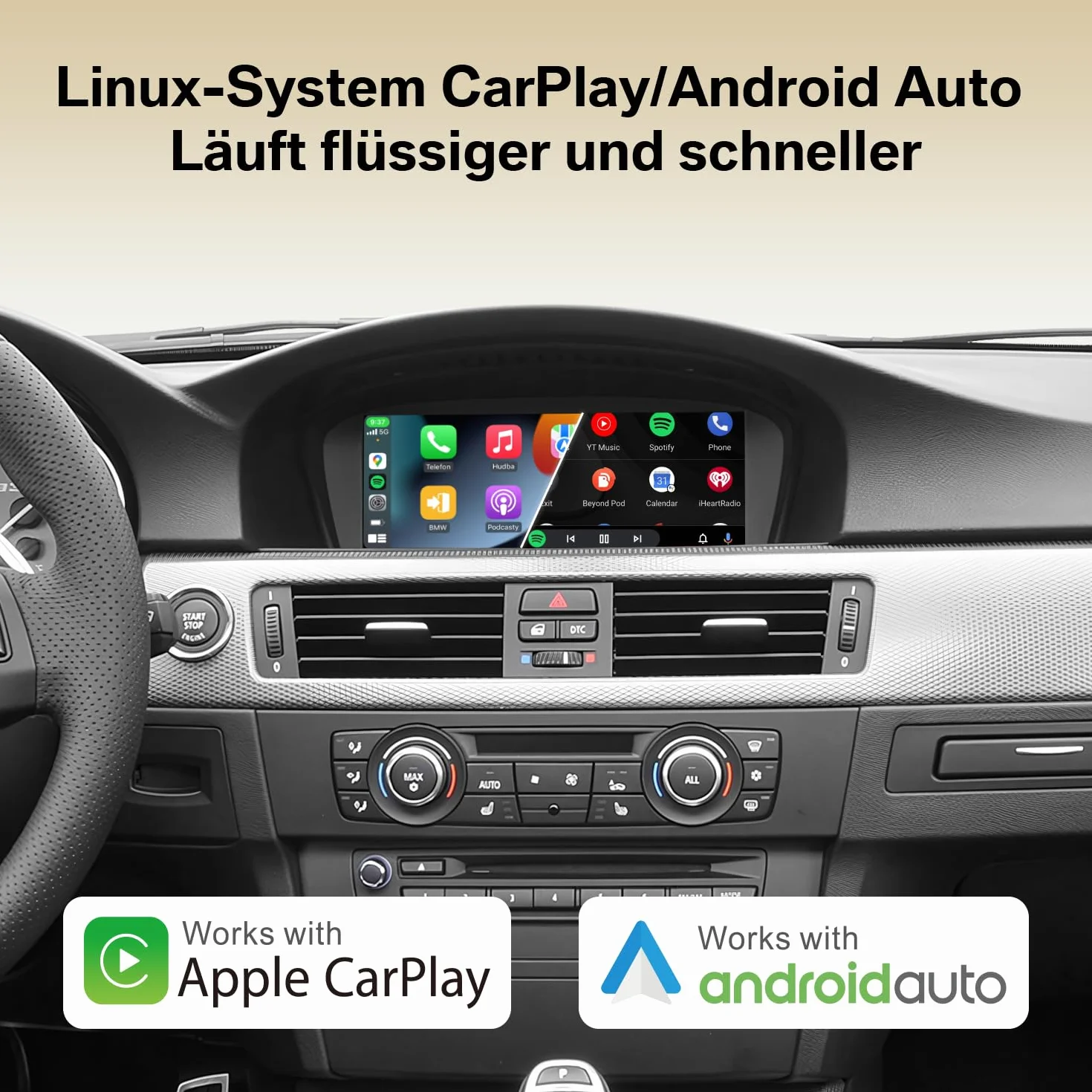 Linux Wireless CarPlay Android Auto do BMW serii 3 5 CIC System | E60 E61 E90 E91 E92 E93 2008-2013, wyświetlacz 8,8 cala, z Bluetooth, MirrorLink, kompatybilność OEM, montaż Plug & Play