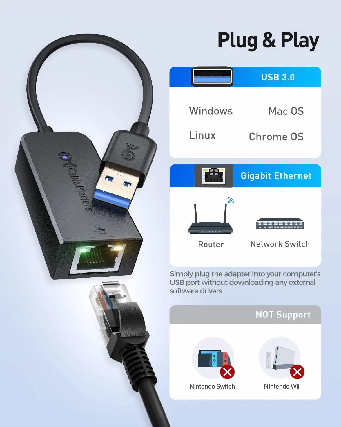 Cable Matters Adapter USB na Ethernet 3.0 10/100/1000 Mbps Czarny