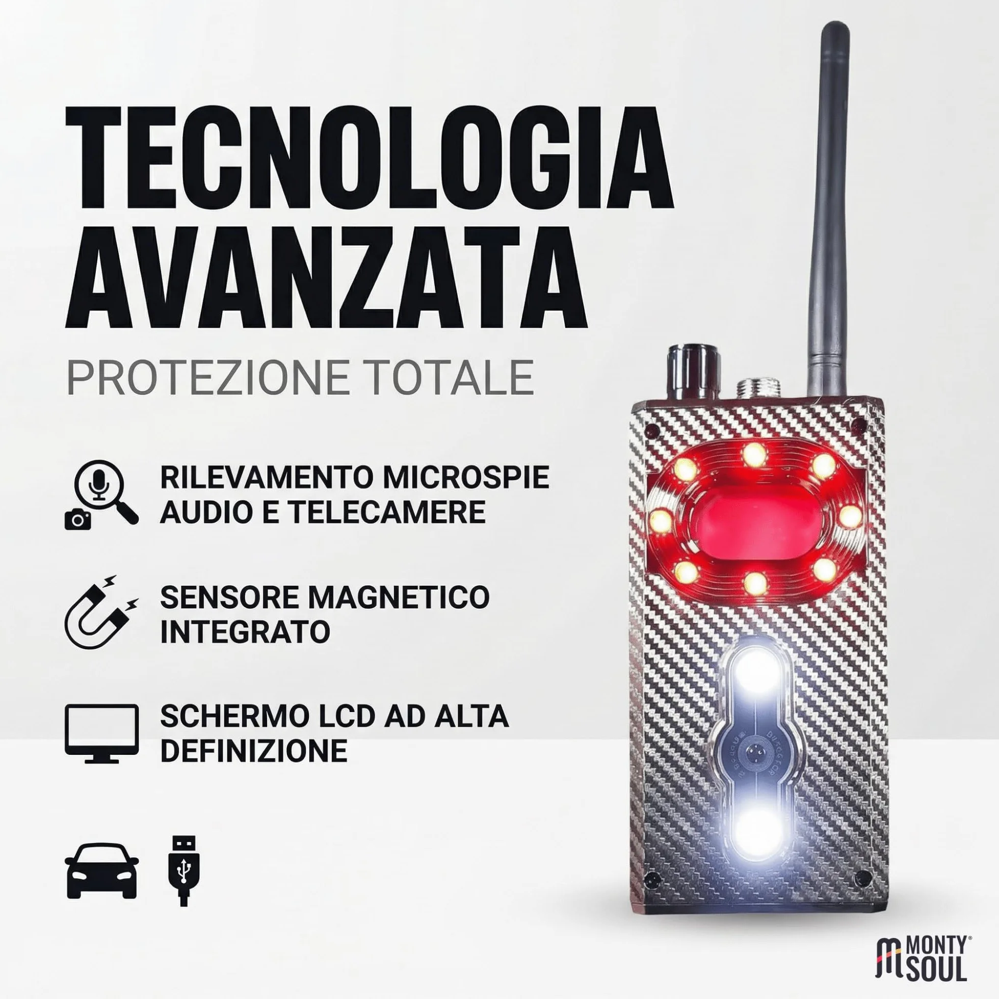 Profesjonalny wykrywacz mikroszpiegów i kamer ukrytych, osłabionych mikrofonów, niewidocznych kamer i lokalizatorów GPS w samochodzie lub w WYNAJEM, nawet w hotelach i w podróży (M99)