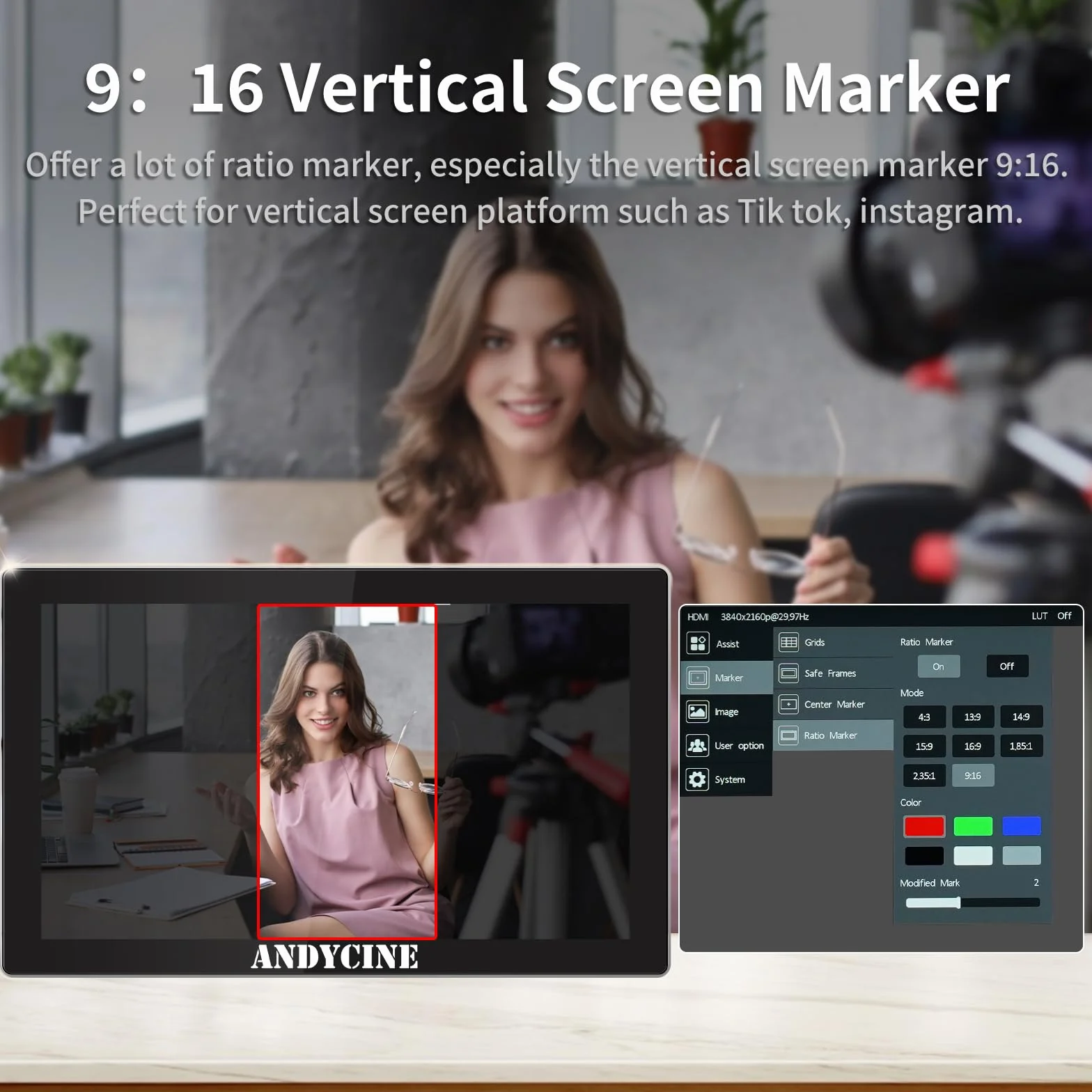 ANDYCINE X5 5,5-calowy monitor do kamery, ekran dotykowy 1200 nitów 4K HDMI 60 Hz do kamery DSLR z aluminiową obudową F550C 9:16 Marker 3D LUTs
