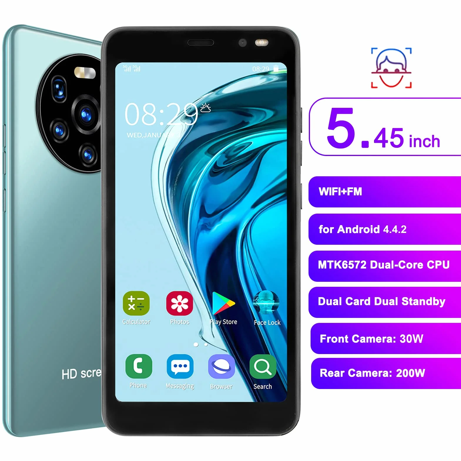Telefon LEEZAD Mate40 Pro Z Ekranem HD O Przekątnej 5,45 Cala, Smartfonem 3G Z Podwójną Kartą I Podwójnym Trybem Gotowości, Baterią Litową 1500 MAh, Przednim Aparatem 0,3 MP I Tylnym Apara(Zielony)