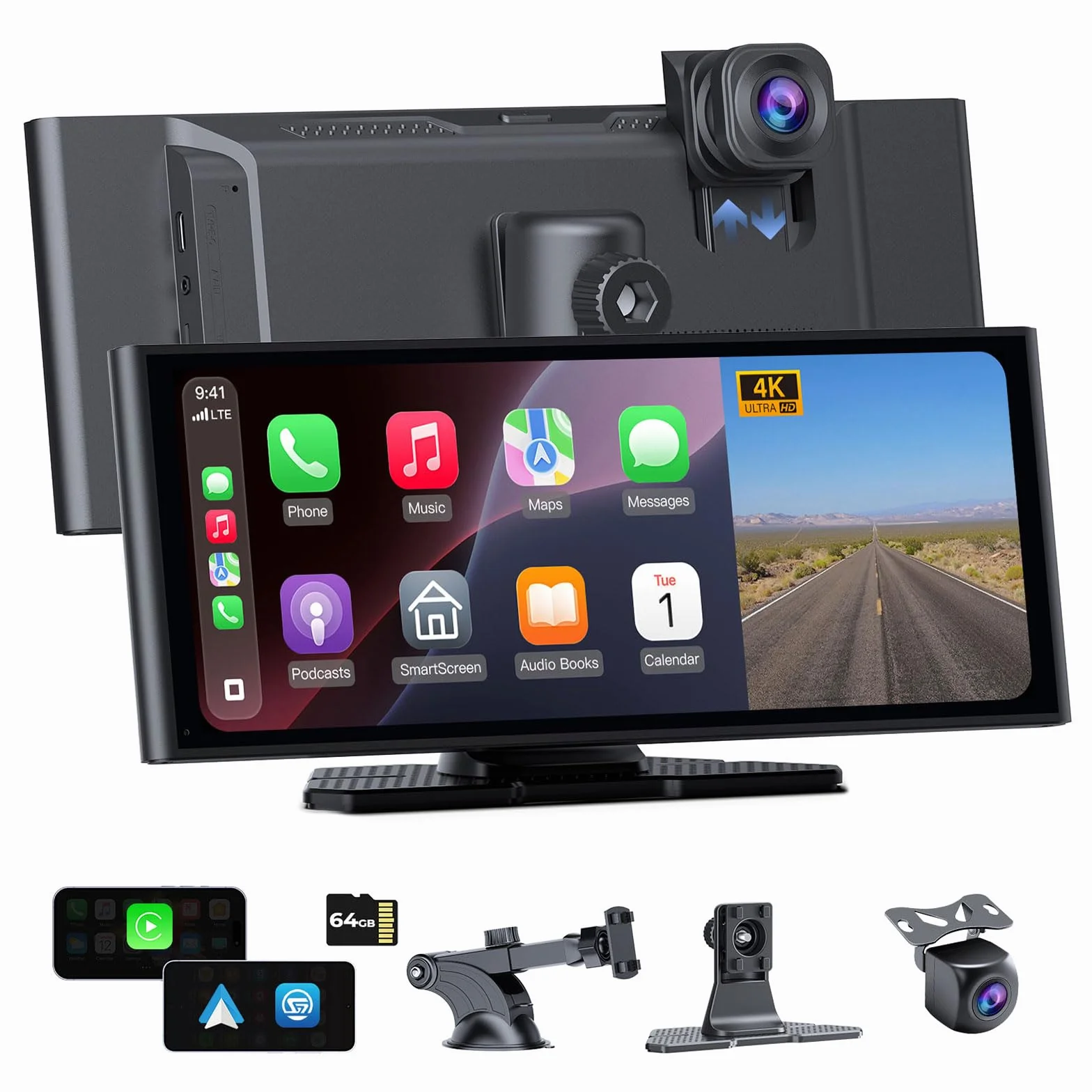 10,26" wyświetlacz CarPlay z kamerą rozdzielczą 4K, Android Auto, kamera cofania 1080p, pamięć 64 GB, Bluetooth