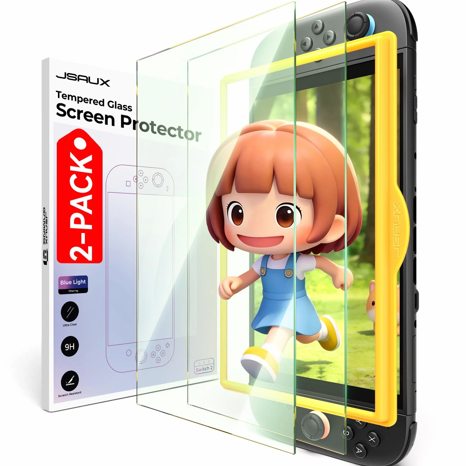 JSAUX 2-pak szkła ochronnego na niebieskie światło do Nintendo Switch 2 (2025), filtr 97%, twardość 9H