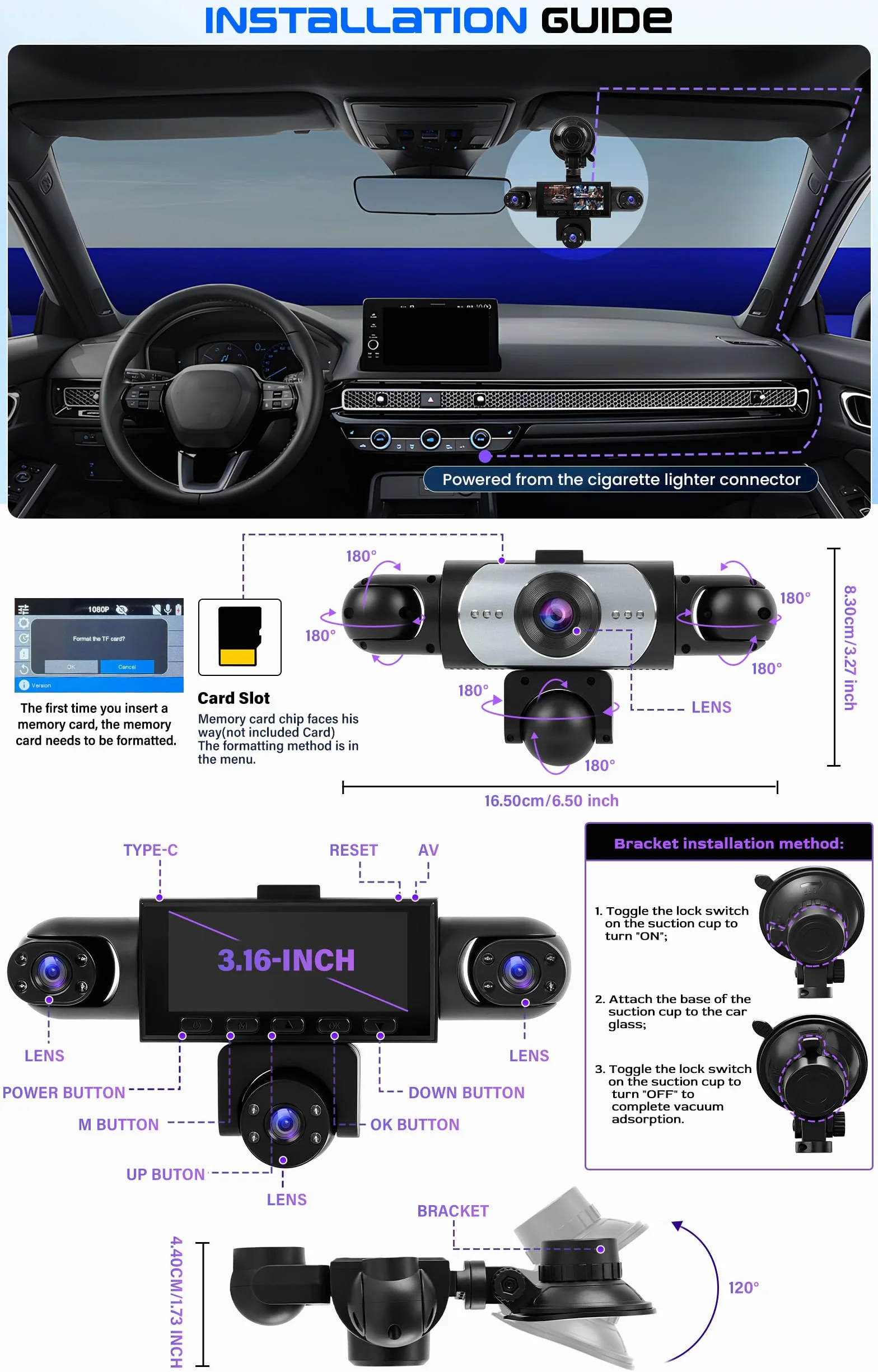 CAMECHO 5-kanałowa dashcam z widzeniem nocnym 1080P obrotowa o 360° kamera samochodowa przód i tył 3,16″ tryb postojowy asysta przy cofaniu nagrywanie cykliczne wykrywanie ruchu