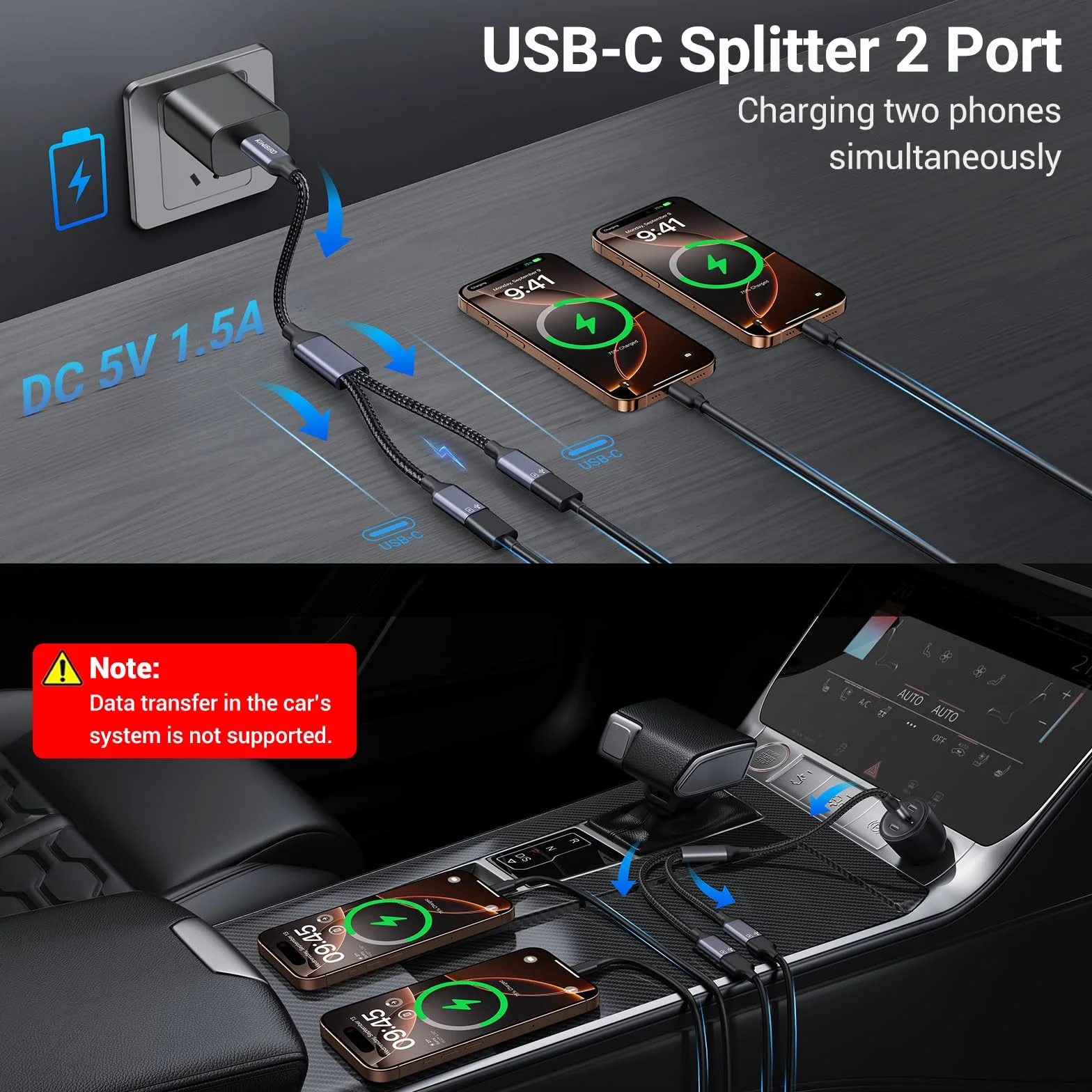 KiWiBiRD Rozdzielacz USB C, 1 męski Typu C do 2 żeńskich adapterów USB C ładowania i przedłużający danych kompatybilny z laptopem Mac PS5 pamiec przenosna klawiatury myszki drukarki