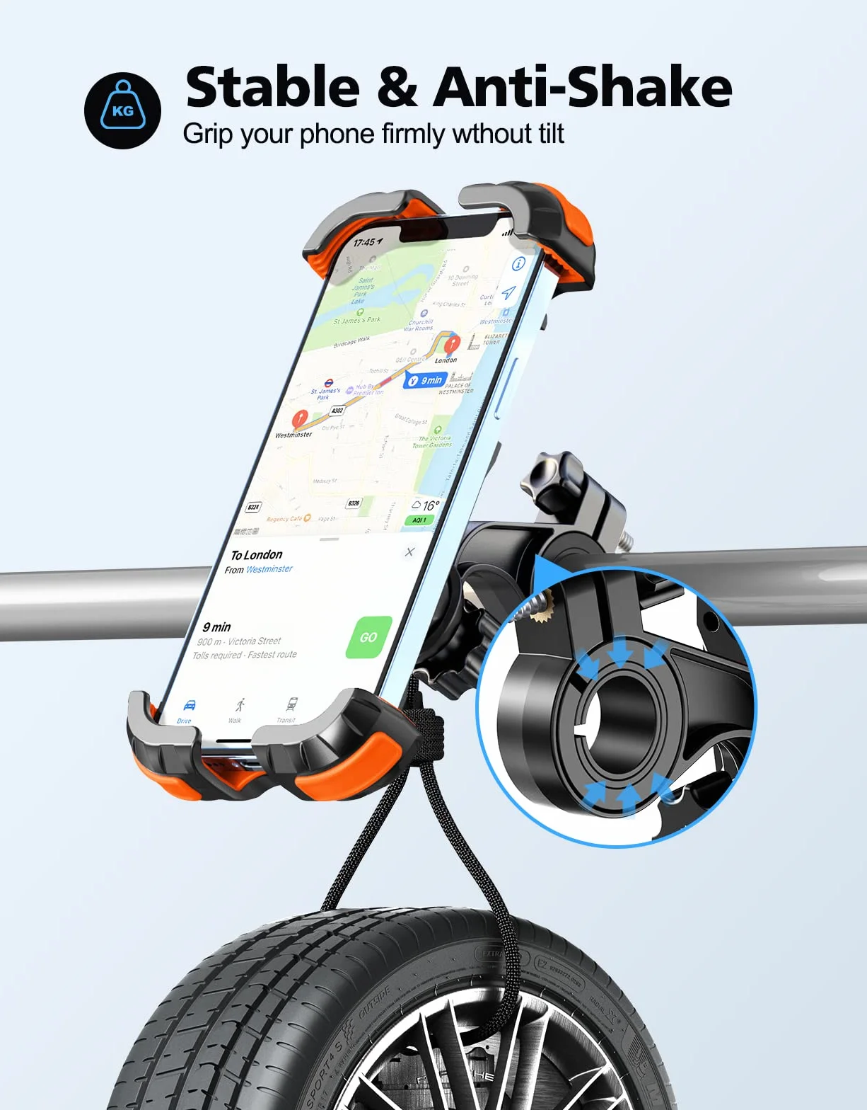 Glangeh Uchwyt na telefon rowerowy, bezpieczny zamek 8S, szybki montaż, odporny na upadek, uchwyt na telefon rowerowy obracany o 360°, do telefonów komórkowych 11.9 cm-17.3 cm, stojak na rowery