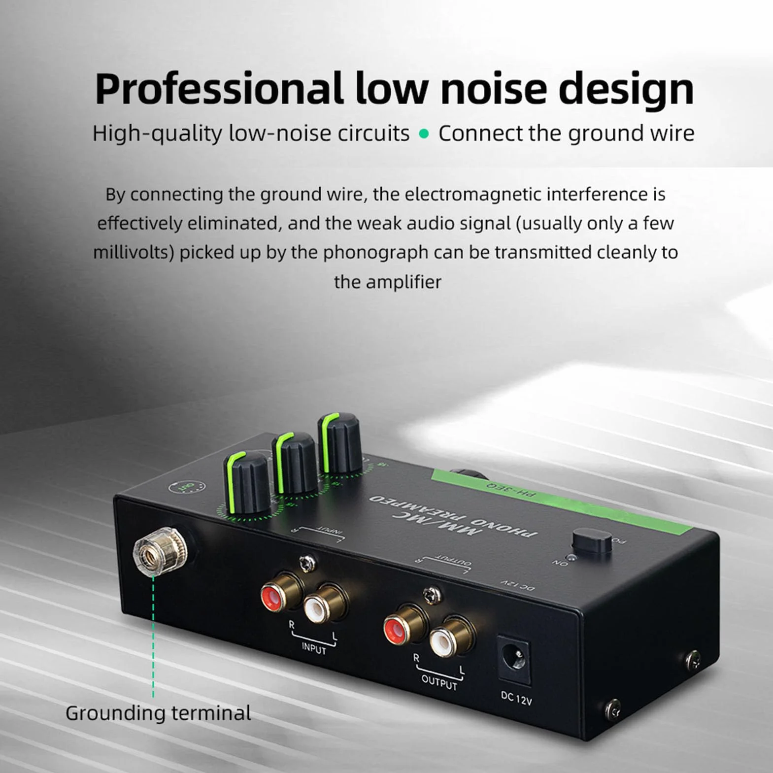 POENVFPO Phono Preamp, Przedwzmacniacz Fonografu Mini Stereo dla Odtwarzacza Rekordu Gramofonu, dla Przełączania Trybu MM/MC (wtyczka UE)
