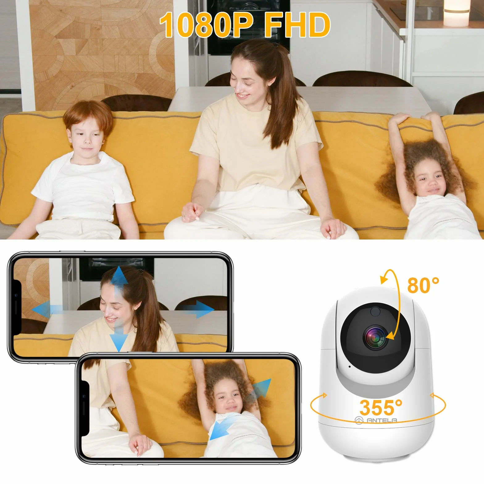 ANTELA Kamera Wi-Fi IP 1080p, kamera do monitoringu, do wnętrz, 2,4/5 GHz, Wi-Fi, 355°/80°, dwukierunkowe audio, widoczność w nocy na podczerwień i wykrywanie ruchu, kompatybilna z Alexa/Google Home, 2 szt