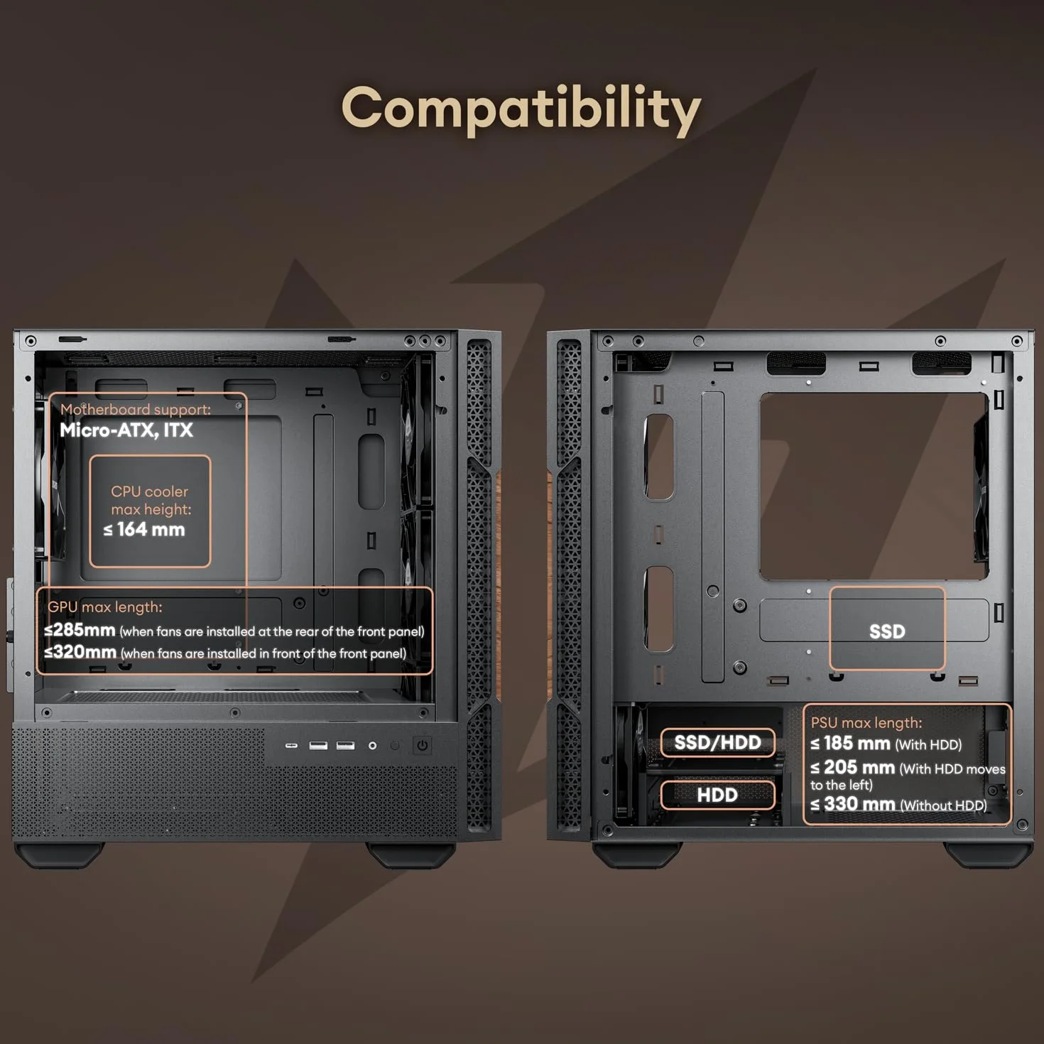 Okinos Drewniana obudowa Micro ATX, 4 × 120 mm 3-pinowe wentylatory bez PWM wstępnie zainstalowane, panel boczny ze szkła hartowanego, z type-C, czarny, cyprys 3 drewno