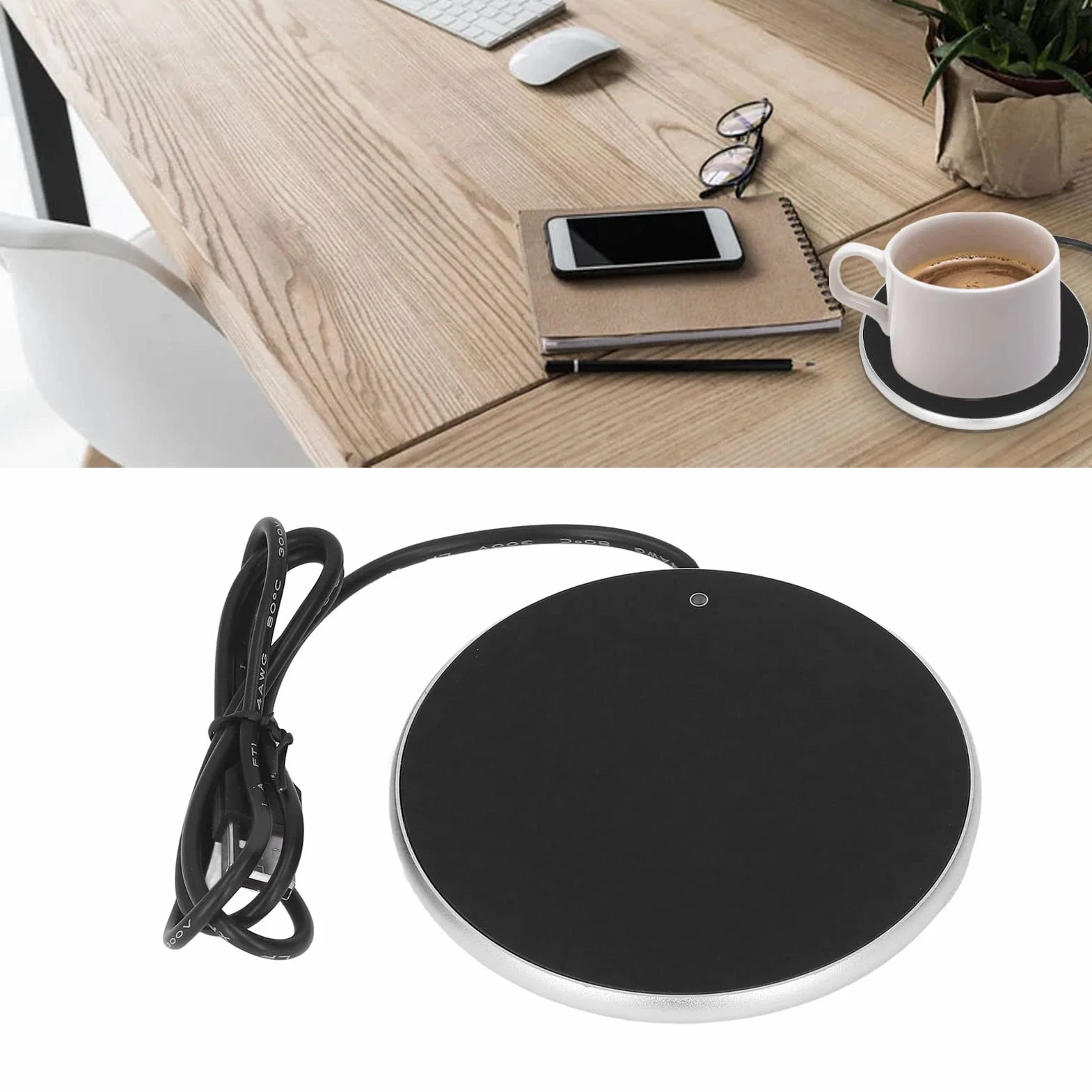 Podgrzewacz do filiżanek 55°C USB, inteligentna podstawka pod szklanki Ø 10,3 cm srebrny