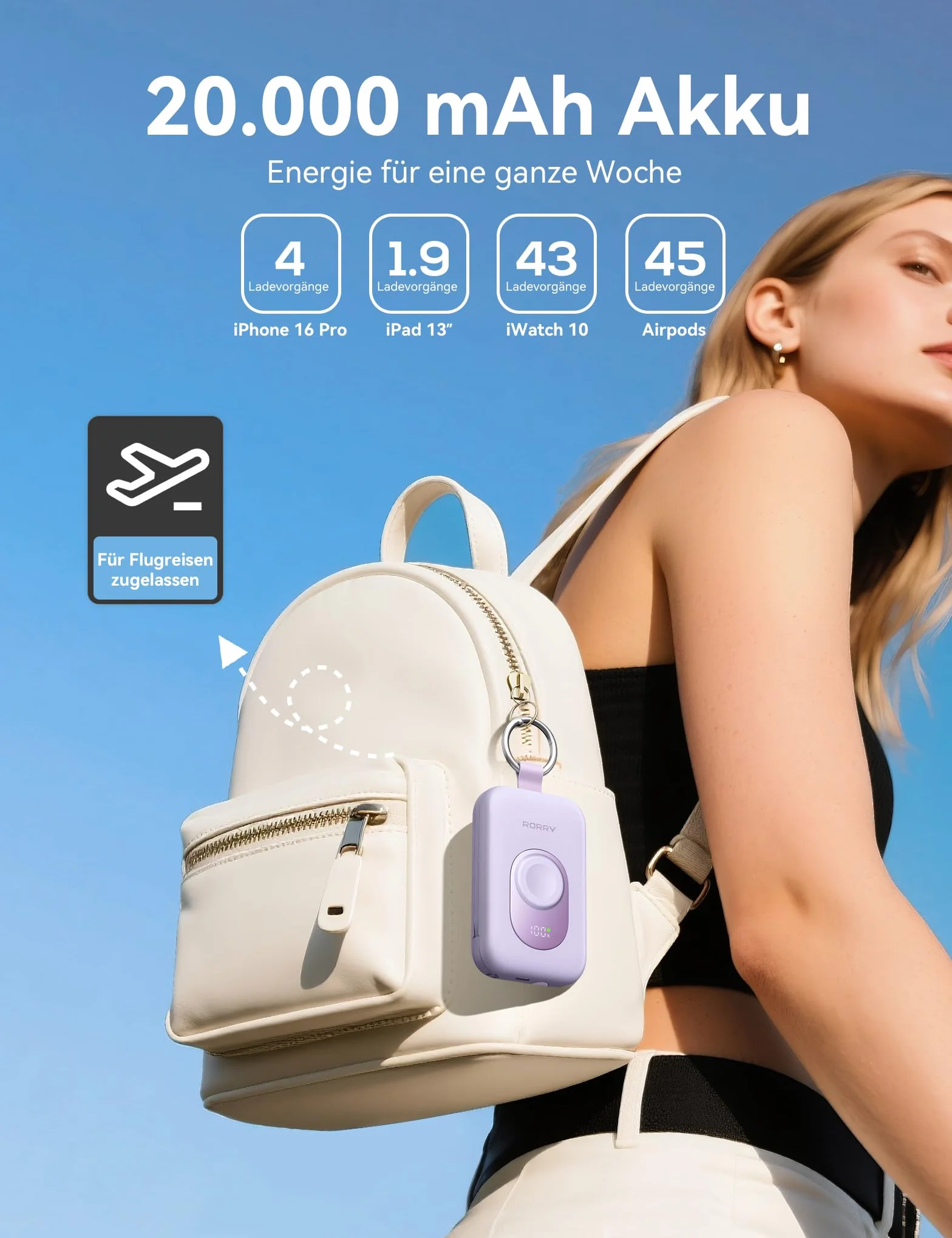 RORRY Powerbank, Power Bank 20 000 mAh, 30 W PD, szybkie ładowanie, przenośna ładowarka z 2 wbudowanymi kablami, zewnętrzna bateria do telefonu komórkowego z brelokiem do kluczy, niezbędna podróż do