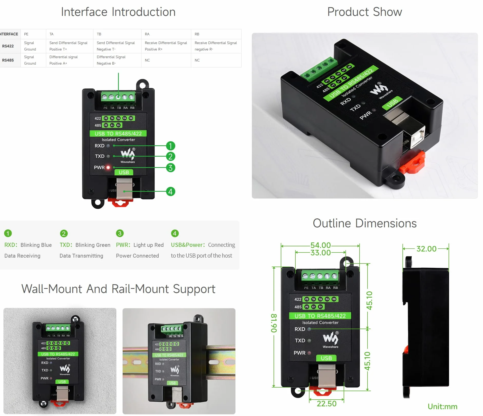 Waveshare USB to RS485/422, Industrial Grade Isolated Converter, Up to 1200m Long-distance Transmission, Compatible With Mac/Linux/Android/Win11/10/8.1/8/7, Support Wall-Mount & Rail-Mount