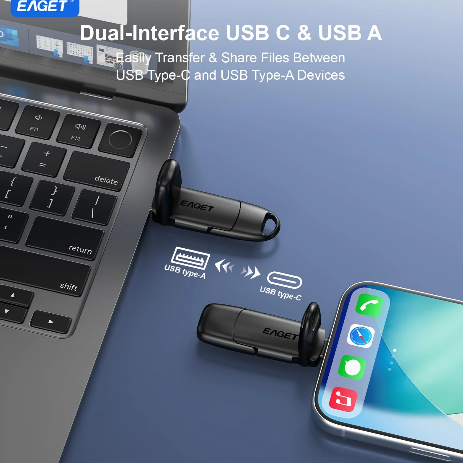 Eaget 256 GB podwójny dysk flash USB-C i USB 3.2, przenośny zewnętrzny dysk SSD 560 MB/s do iPhone'a 15/16/17 Pro, Mac, PC, PS4, Android