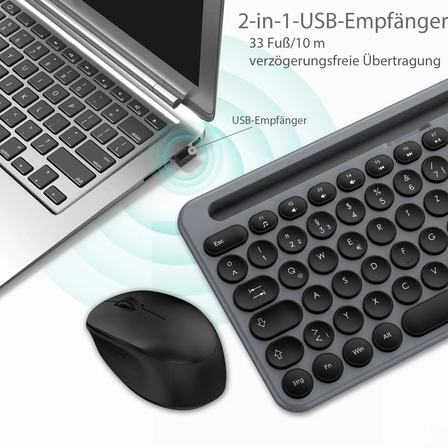 LeadsaiL Zestaw bezprzewodowej klawiatury, ergonomiczna mysz i klawiatura, bezprzewodowa klawiatura i mysz w standardowym rozmiarze, niemiecki układ QWERTZ, cichy przycisk kliknięcia, 12 klawiszy FN