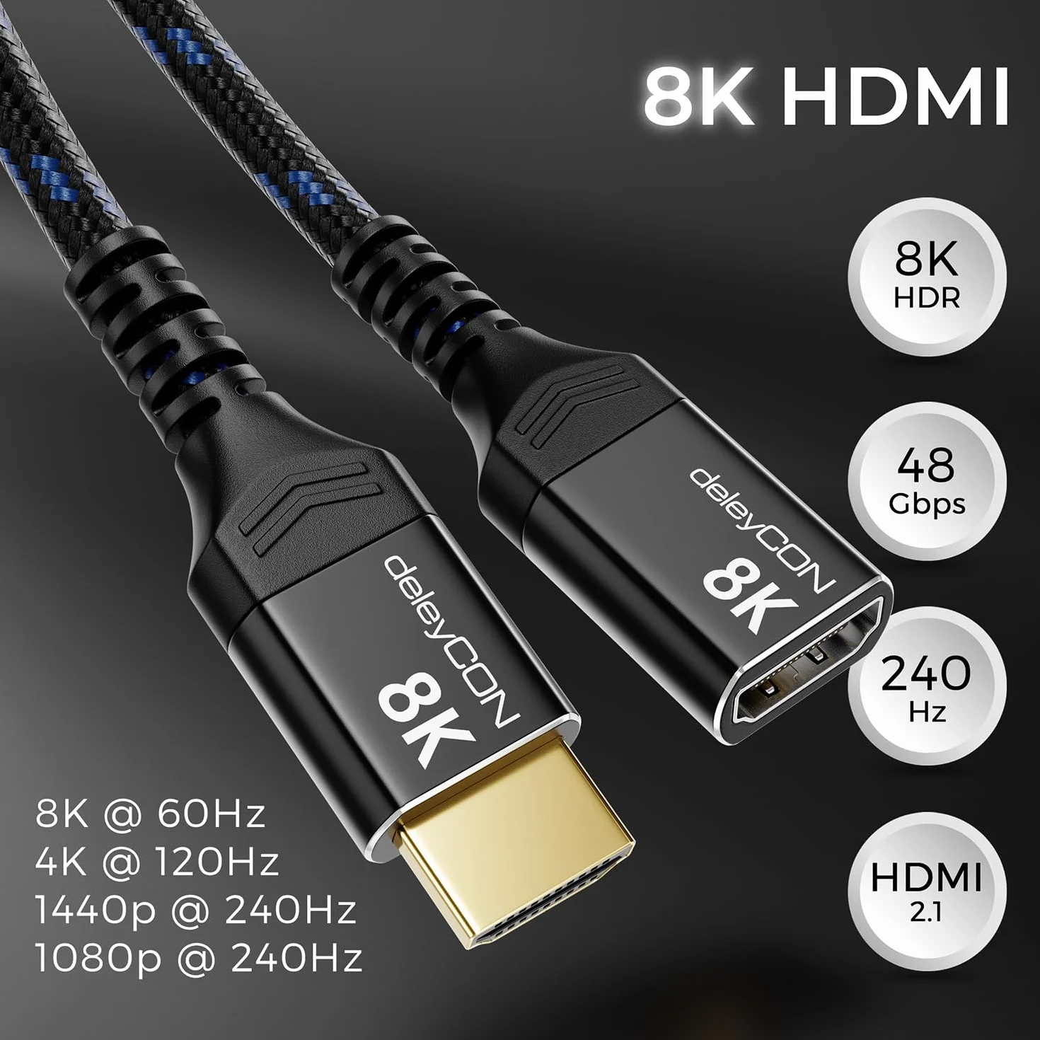 deleyCON 5m 8K HDMI 2.1 Przedłużacz 48Gbps Kabel Przedłużający eARC HDR10+