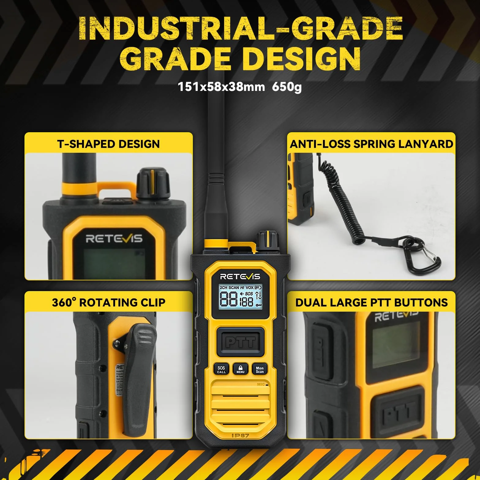 Retevis RB648 Pro Walkie Talkie, Wodoodporny IP67, 2800 mAh, Inteligentny Dźwięk, Profesjonalny Radiotelefon Dwukierunkowy o Dużym Zasięgu do Placów Budowy i Transportu Towarów (1 Szt. Żółty)