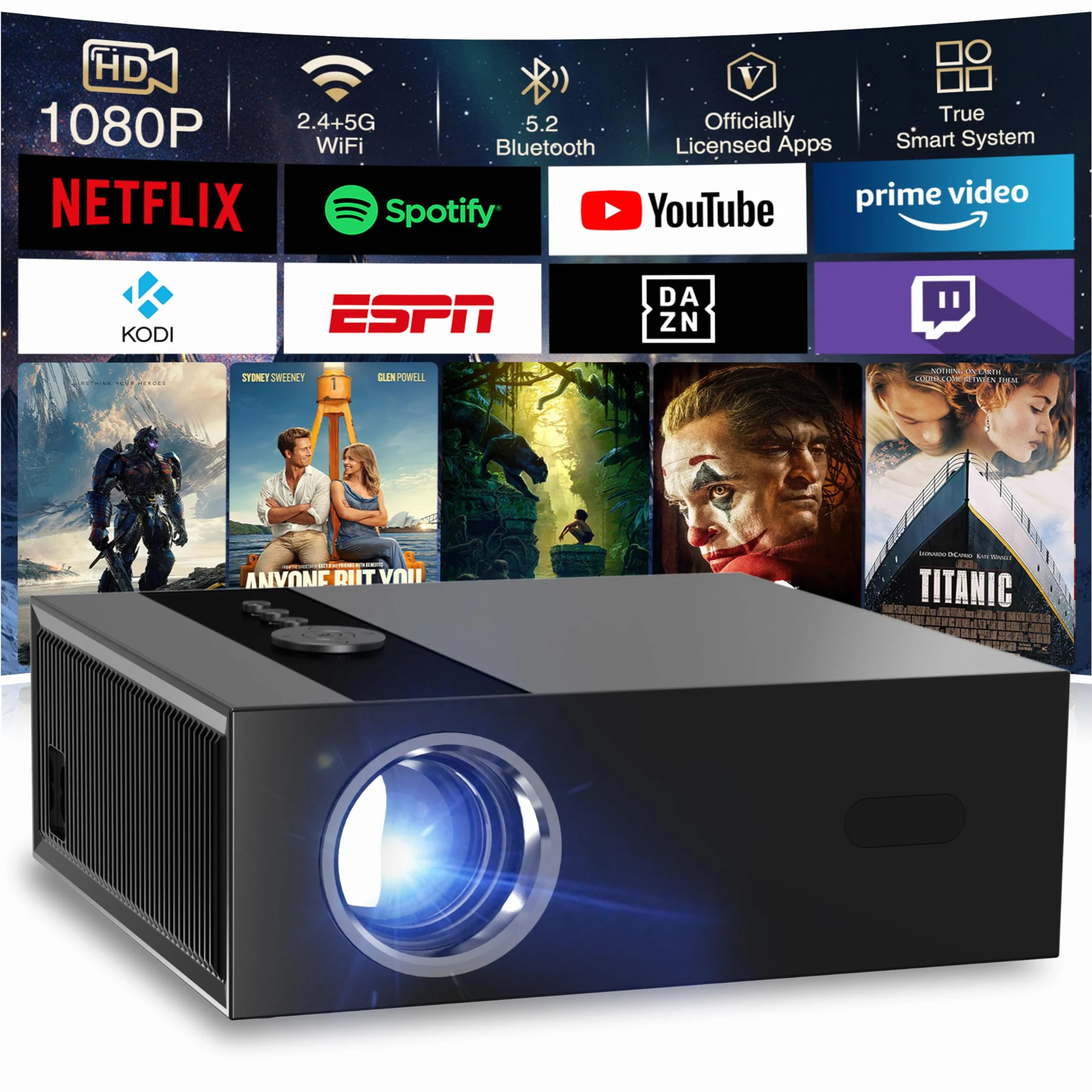 Inteligentny projektor 8K [kompatybilny z Netflix] 30000 lumenów, autofokus/automatyczna korekcja trapezu, projektor WiFi6 Bluetooth, 8K kina domowego, projektor wideo na zewnątrz z obrotowym o